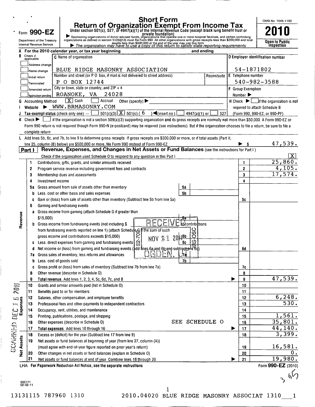 Image of first page of 2010 Form 990EO for Blue Ridge Masonry Association