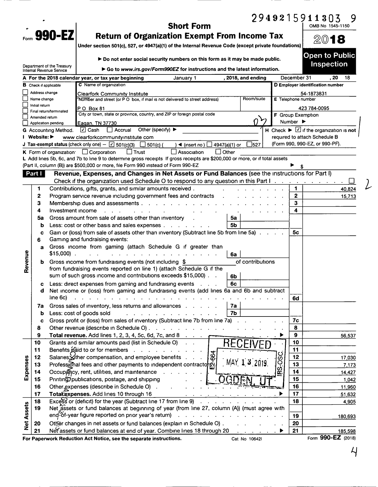 Image of first page of 2018 Form 990EZ for Clearfork Community Institute