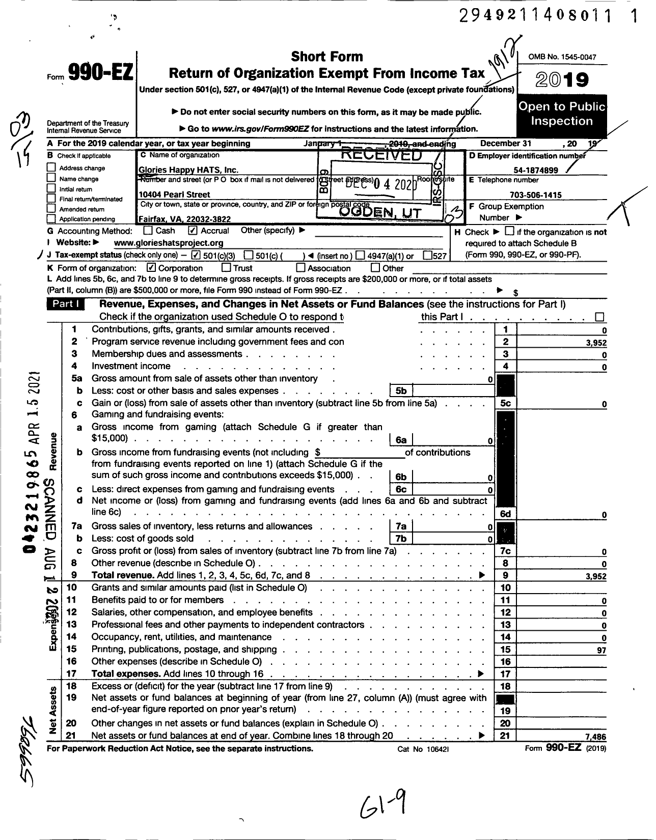 Image of first page of 2019 Form 990EZ for Glories-Happy HATS