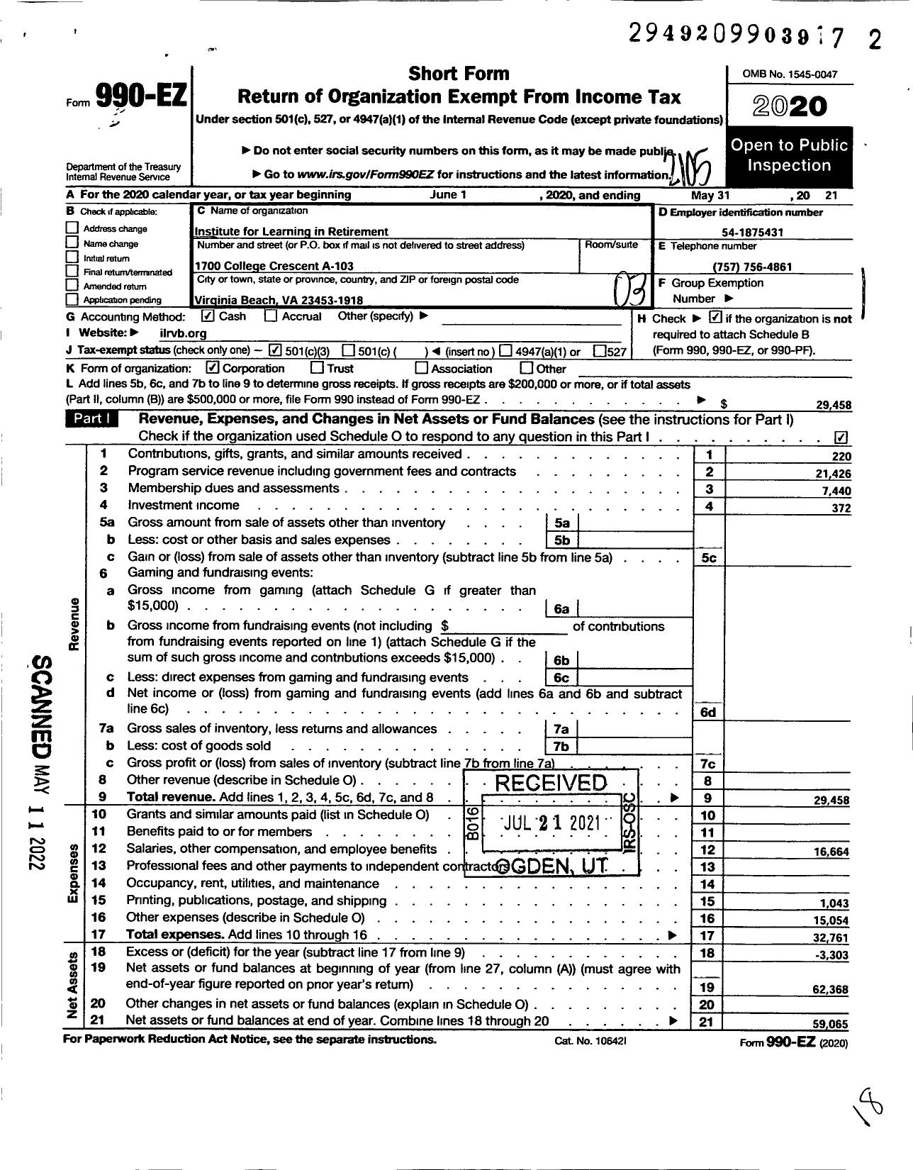 Image of first page of 2020 Form 990EZ for Institute for Learning in Retirement