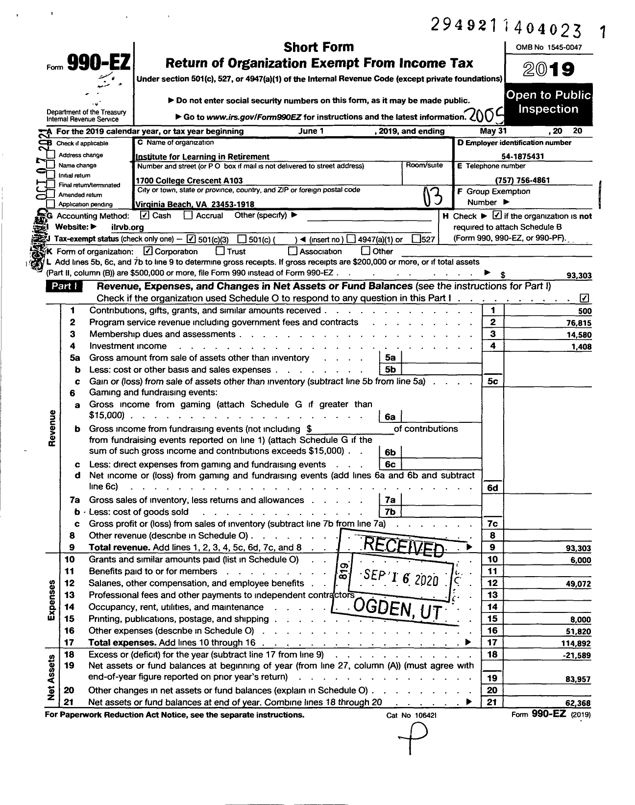 Image of first page of 2019 Form 990EZ for Institute for Learning in Retirement