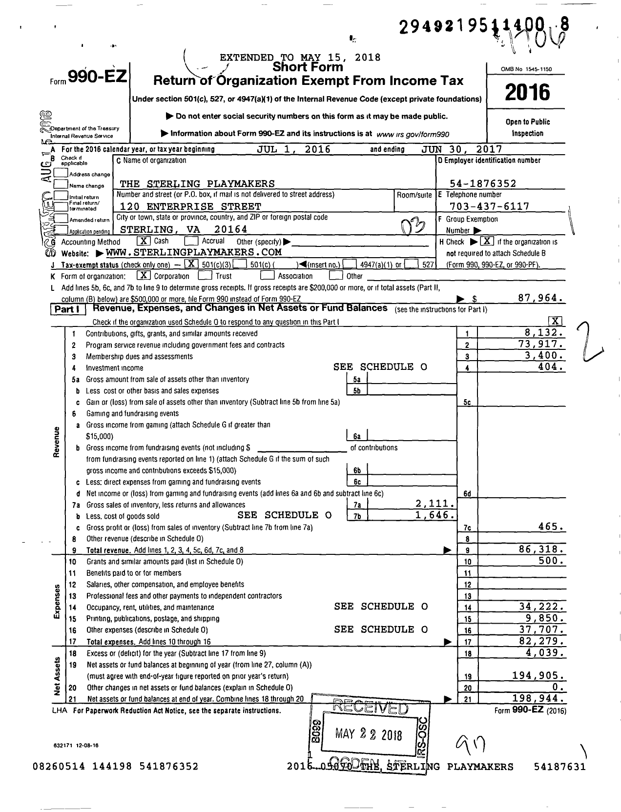 Image of first page of 2016 Form 990EZ for The Sterling Playmakers