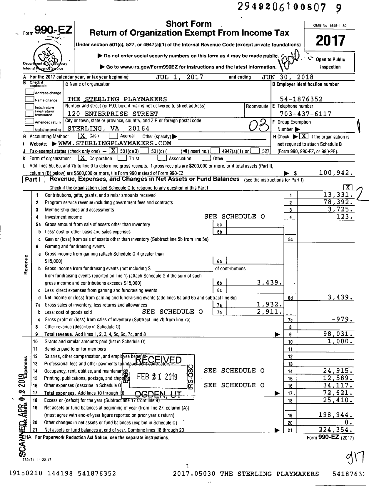 Image of first page of 2017 Form 990EZ for The Sterling Playmakers