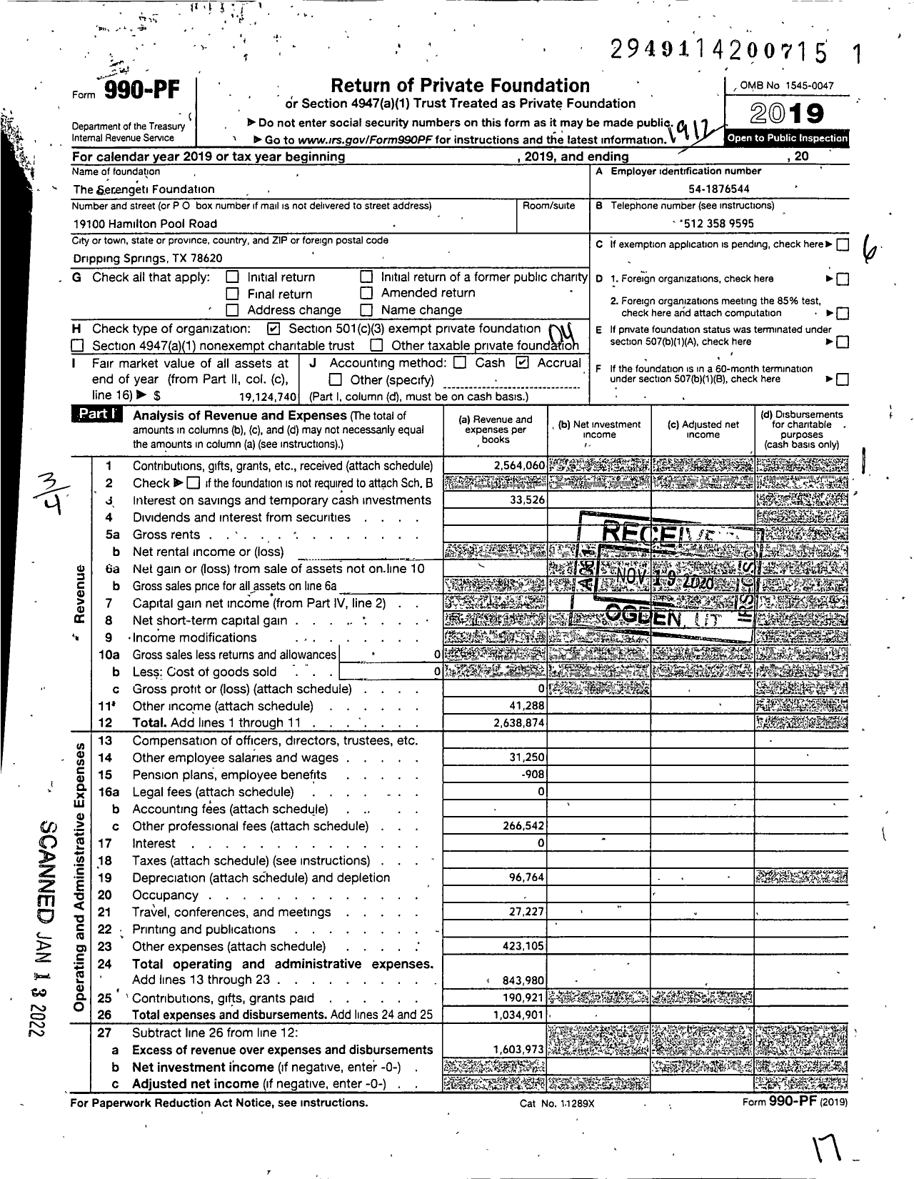 Image of first page of 2019 Form 990PF for The Serengeti Foundation