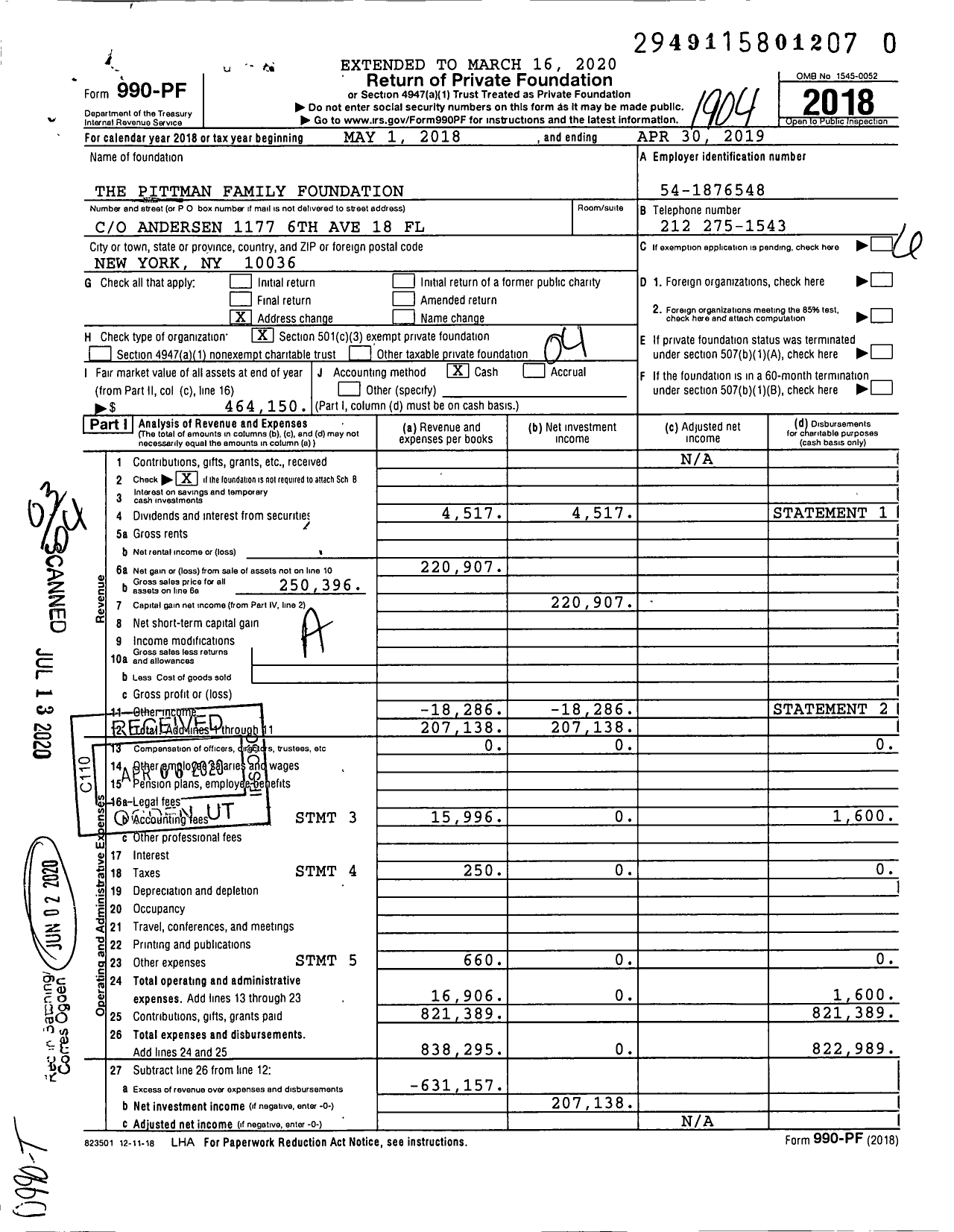 Image of first page of 2018 Form 990PR for The Pittman Family Foundation
