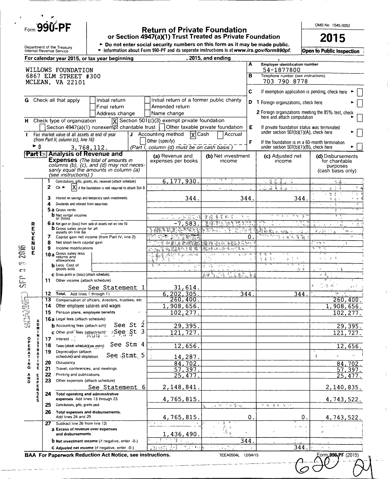 Image of first page of 2015 Form 990PF for Willows International