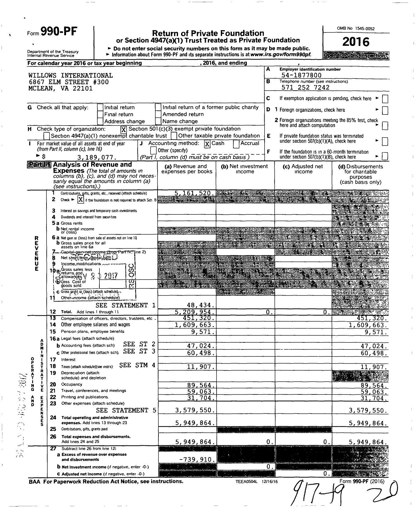 Image of first page of 2016 Form 990PF for Willows International