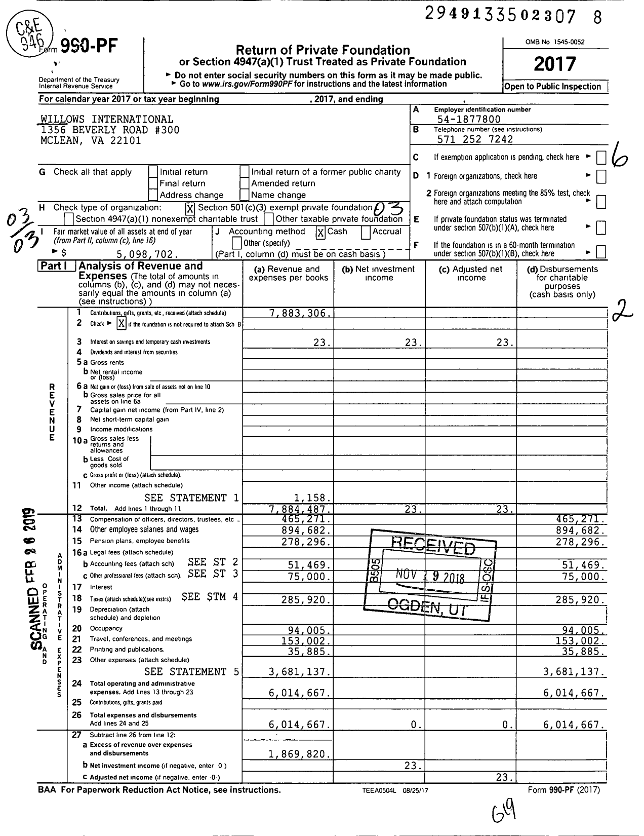 Image of first page of 2017 Form 990PF for Willows International