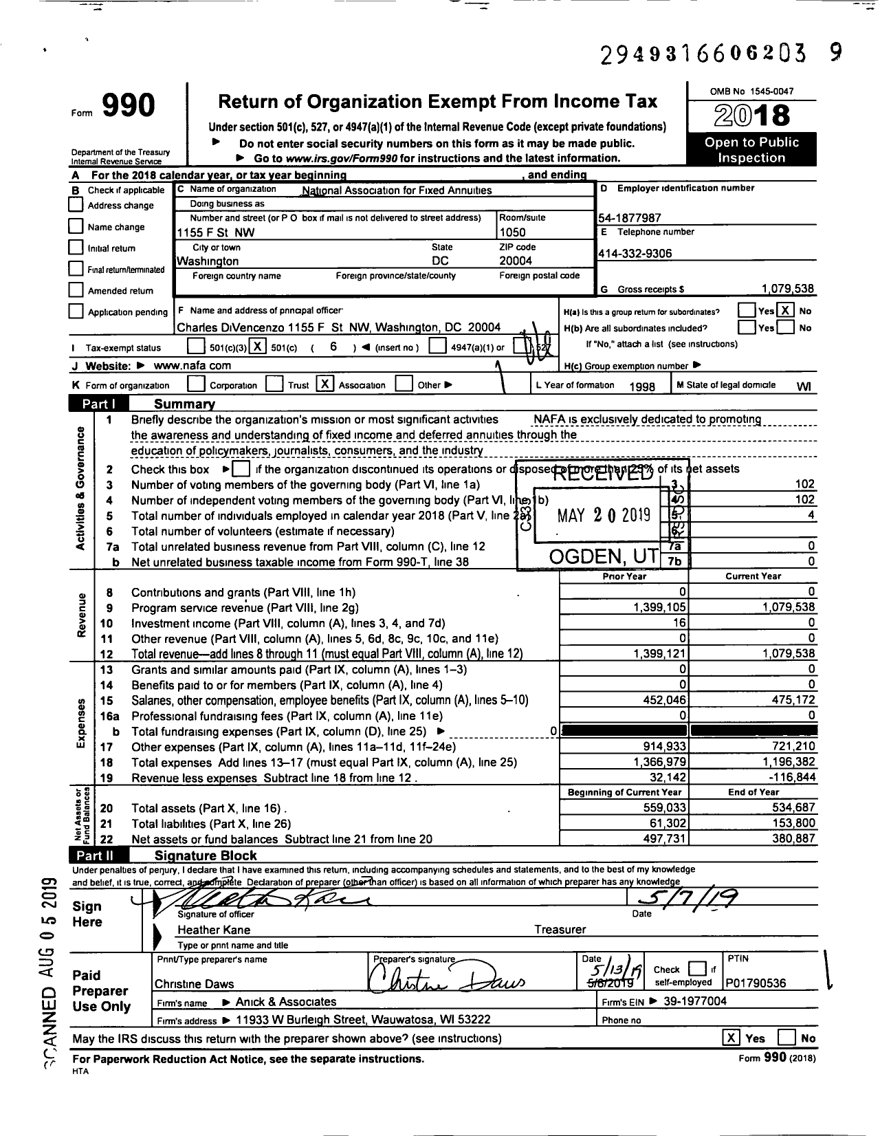 Image of first page of 2018 Form 990O for National Association for Fixed Annuities