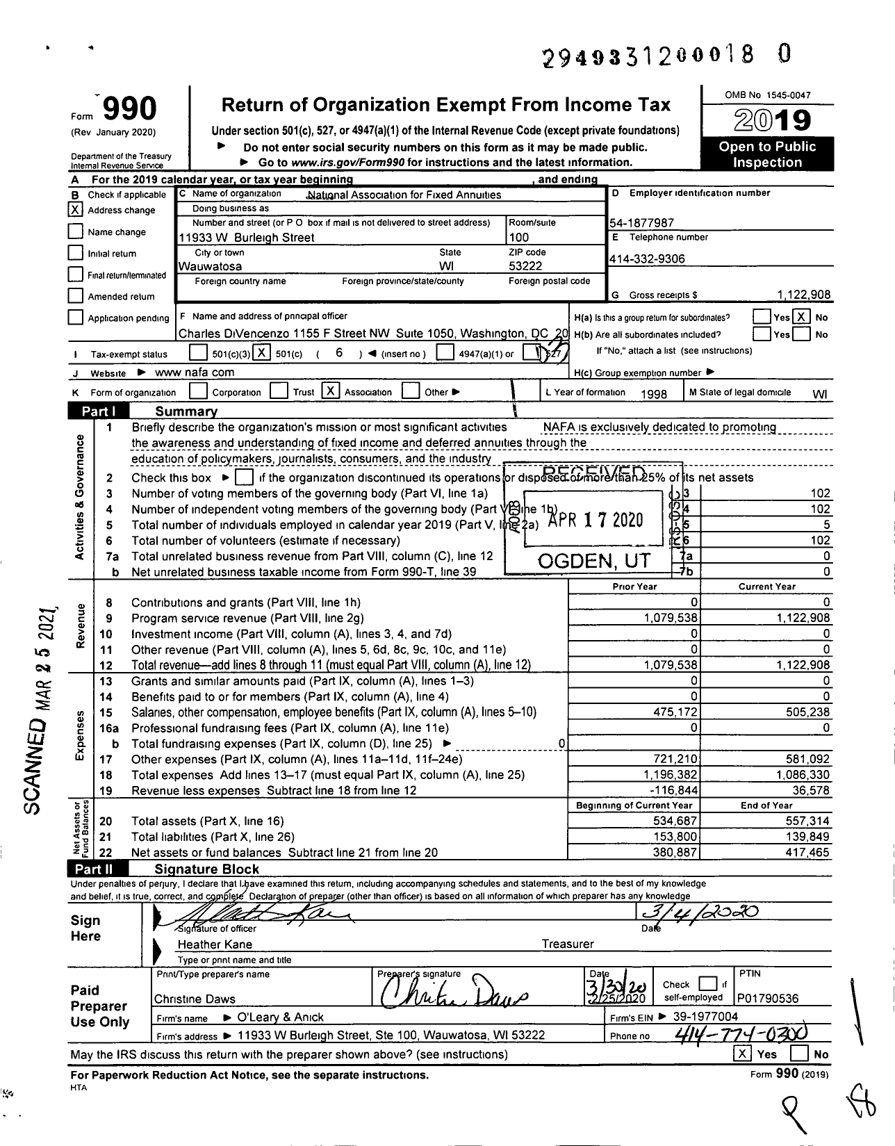 Image of first page of 2019 Form 990 for National Association for Fixed Annuities