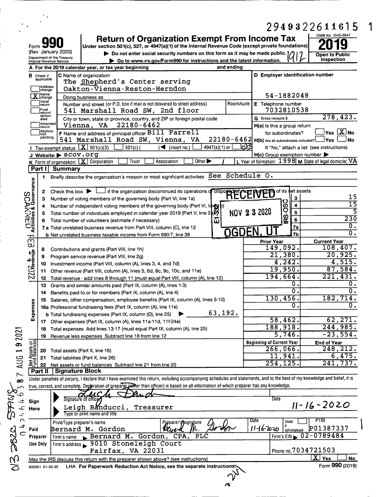 Image of first page of 2019 Form 990 for The Shepherd's Center of Northern Virginia