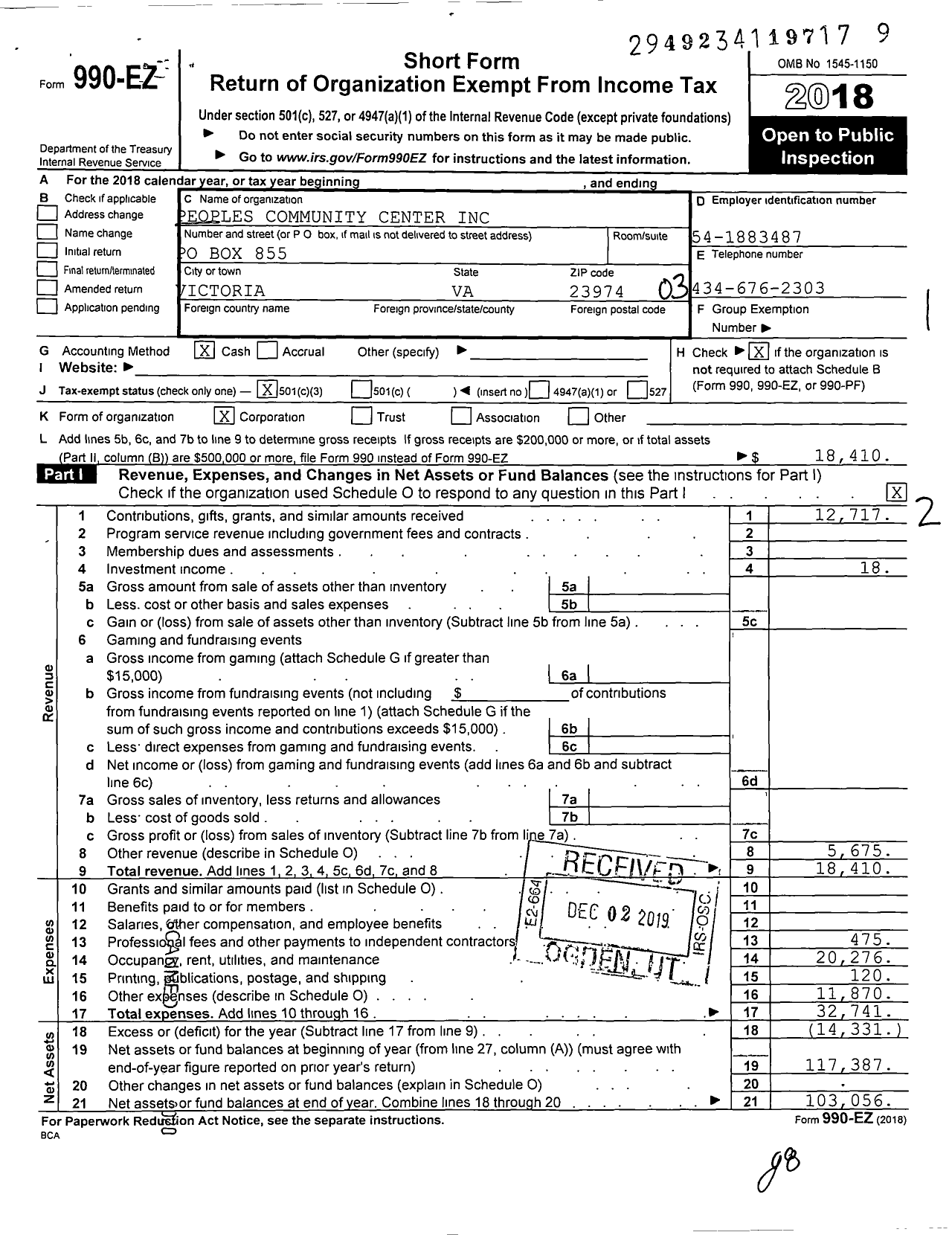 Image of first page of 2018 Form 990EZ for Peoples Community Center