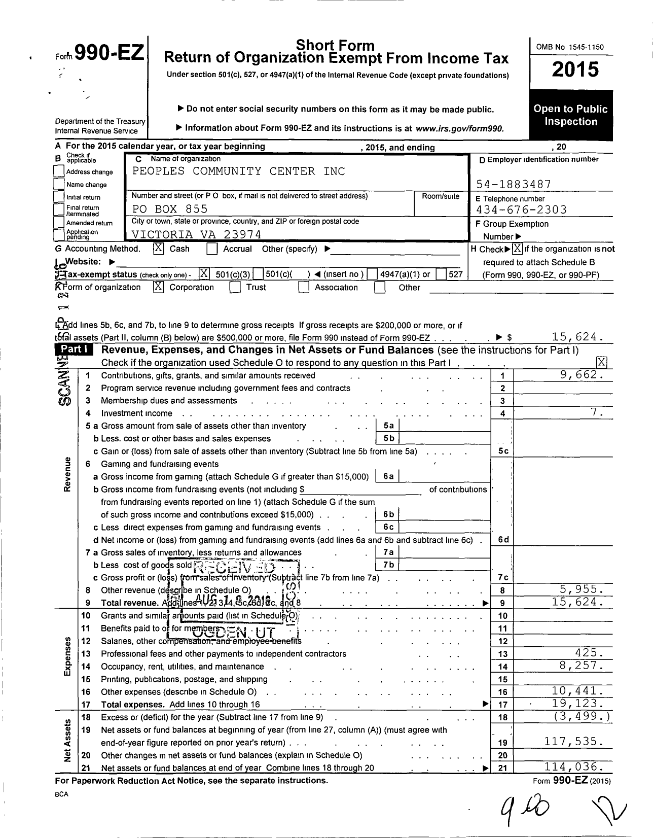 Image of first page of 2015 Form 990EZ for Peoples Community Center