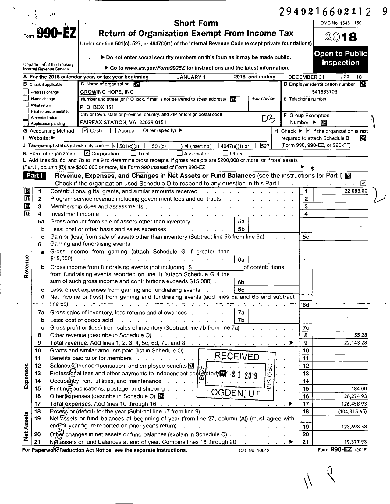 Image of first page of 2018 Form 990EZ for Growing Hope