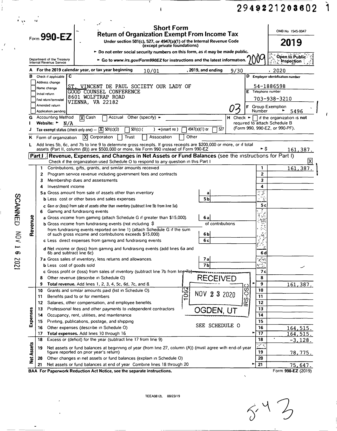 Image of first page of 2019 Form 990EZ for St Vincent de Paul Society Our Lady of Good Counsel Conference