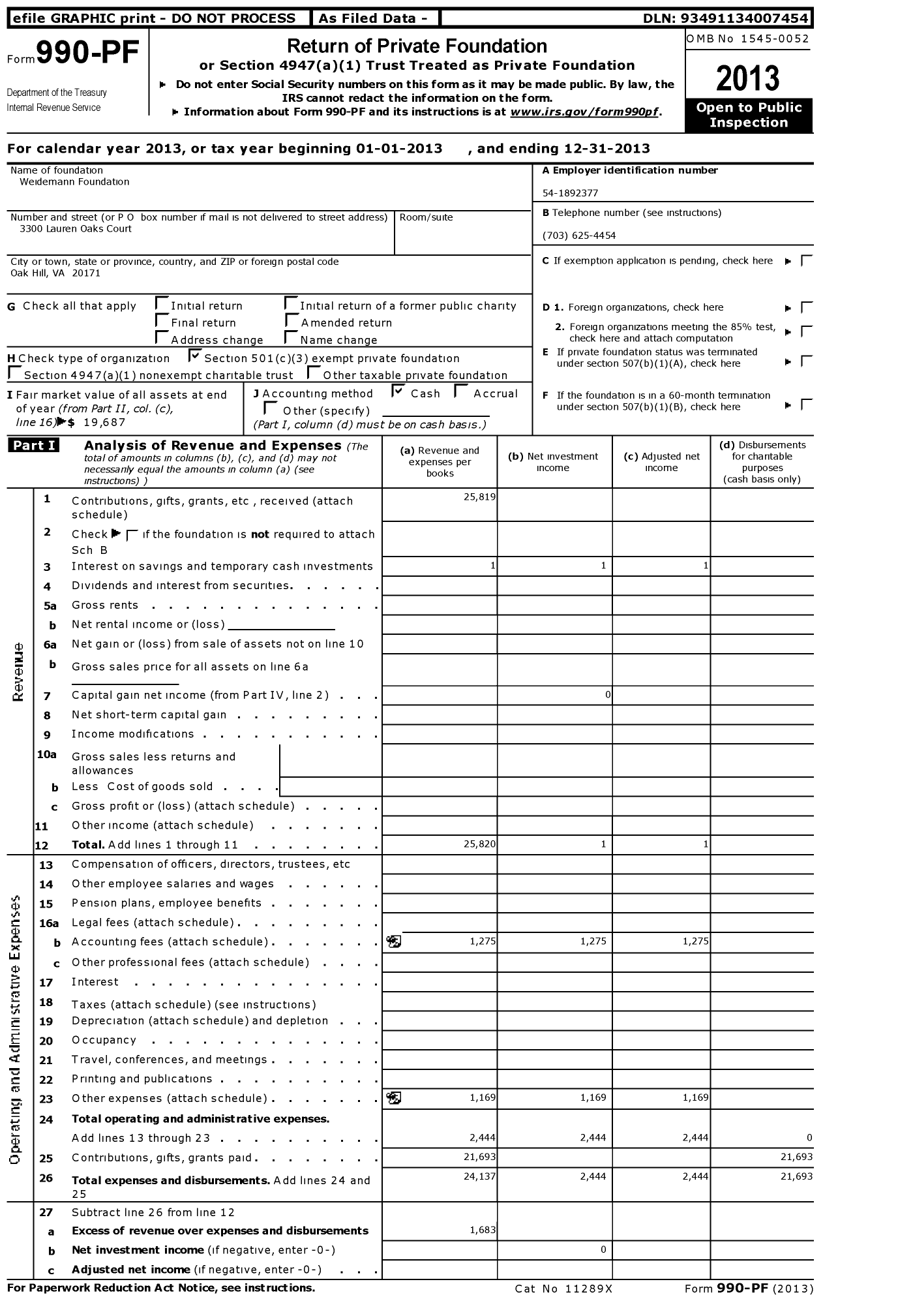 Image of first page of 2013 Form 990PF for Weidemann Foundation