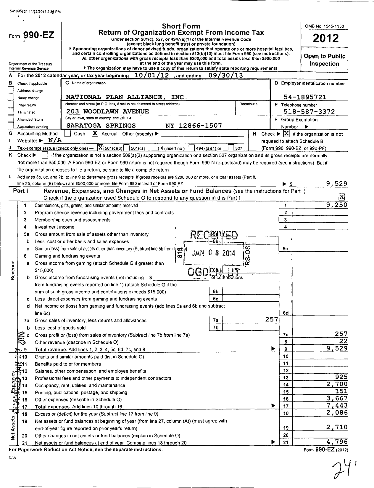 Image of first page of 2012 Form 990EZ for National Plan Alliance