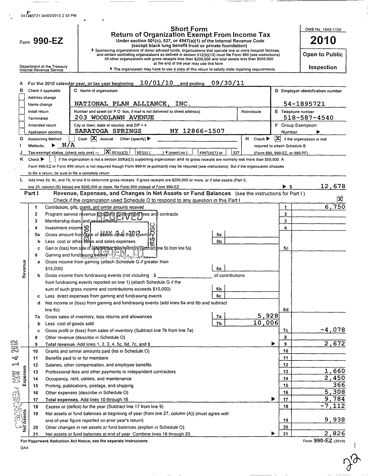 Image of first page of 2010 Form 990EZ for National Plan Alliance