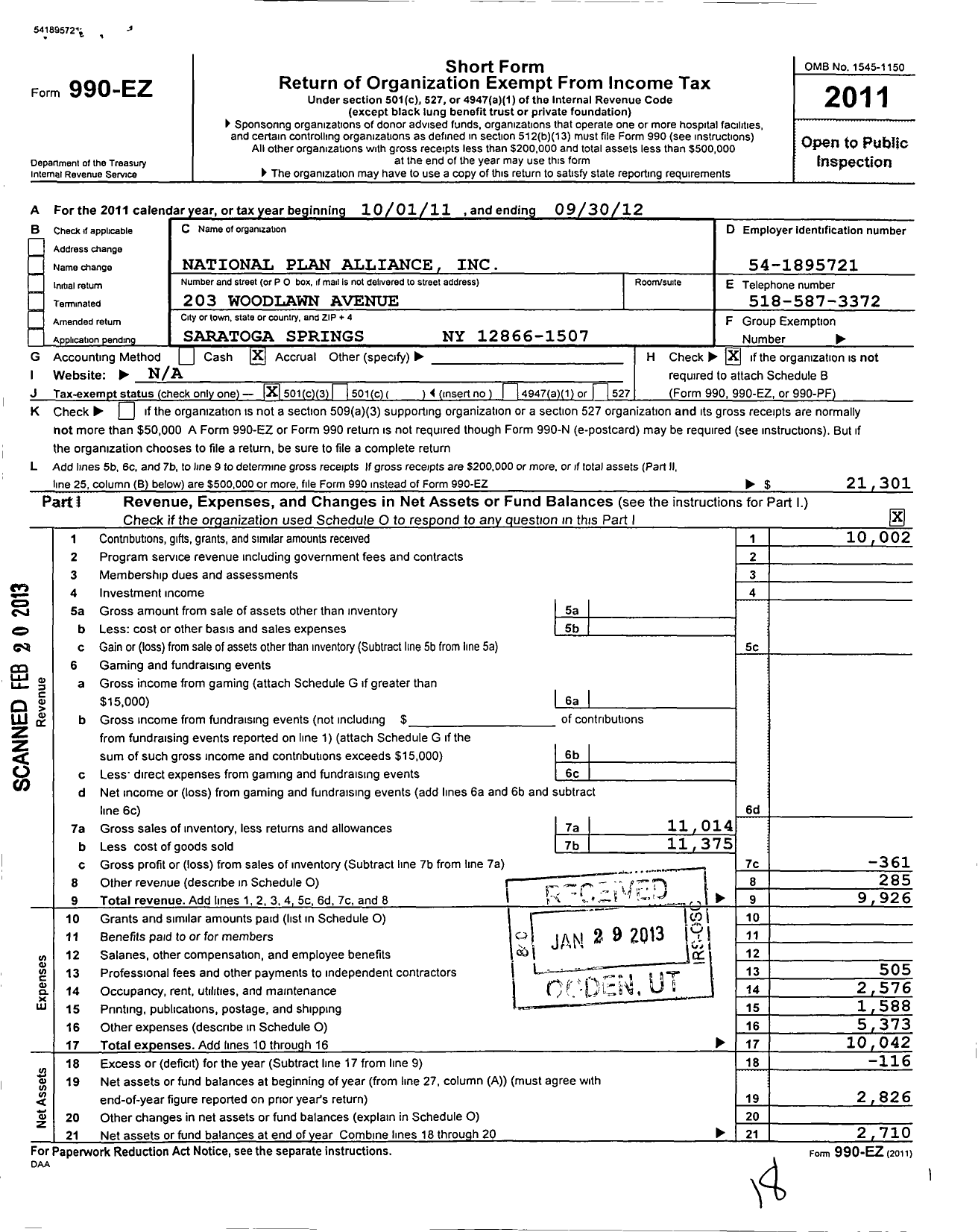 Image of first page of 2011 Form 990EZ for National Plan Alliance