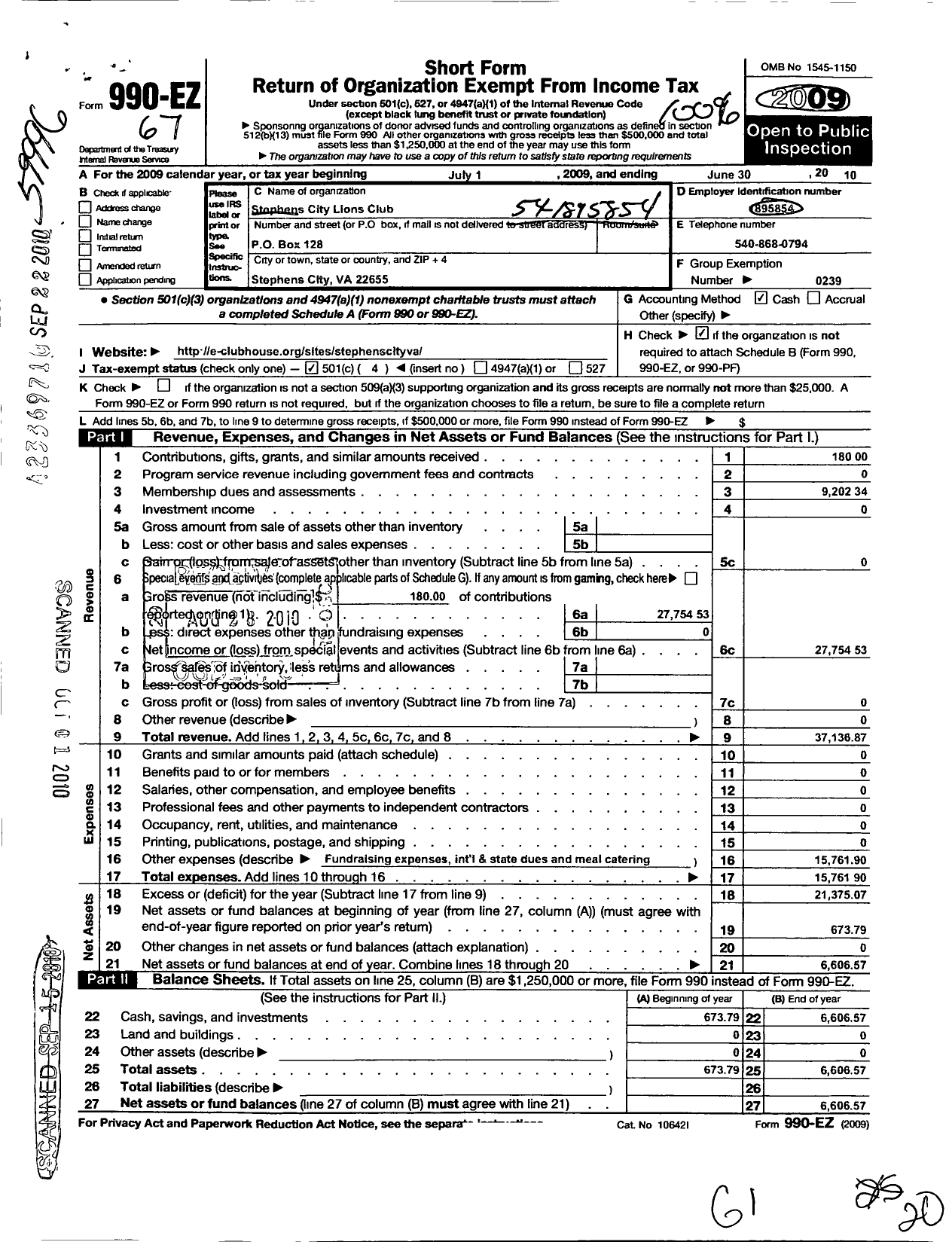 Image of first page of 2009 Form 990EO for Lions Clubs - 9258 Stephens City Virginia