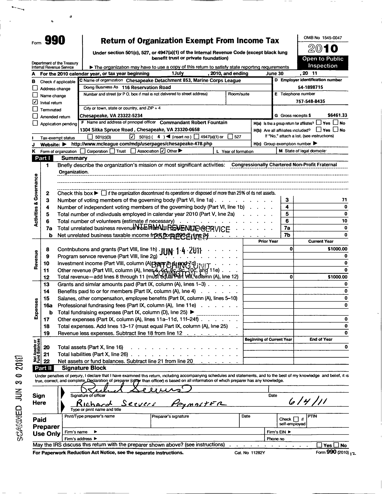 Image of first page of 2010 Form 990O for Marine Corps League - 853 Chesapeake Det MCL
