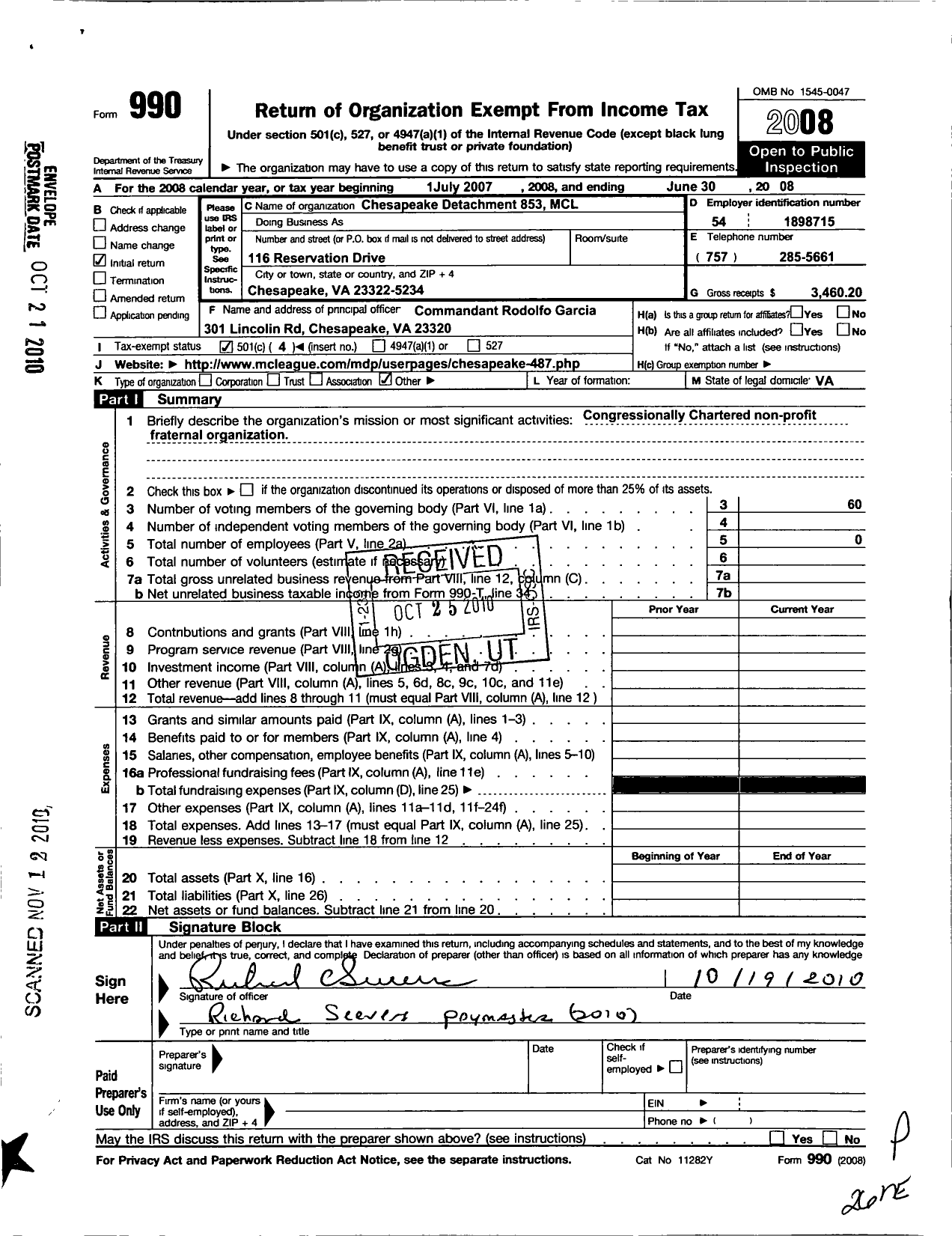Image of first page of 2007 Form 990O for Marine Corps League - 853 Chesapeake Det MCL