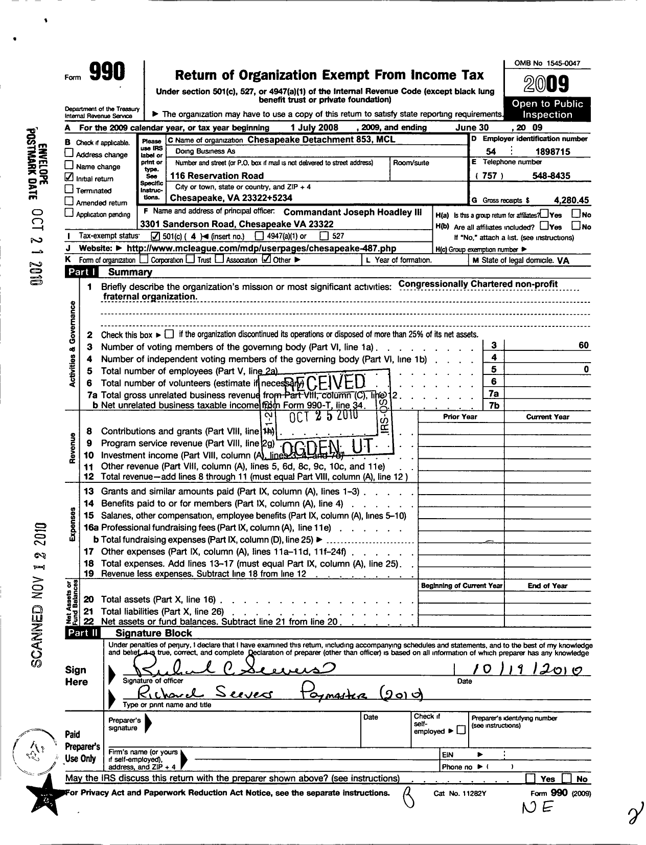 Image of first page of 2008 Form 990O for Marine Corps League - 853 Chesapeake Det MCL