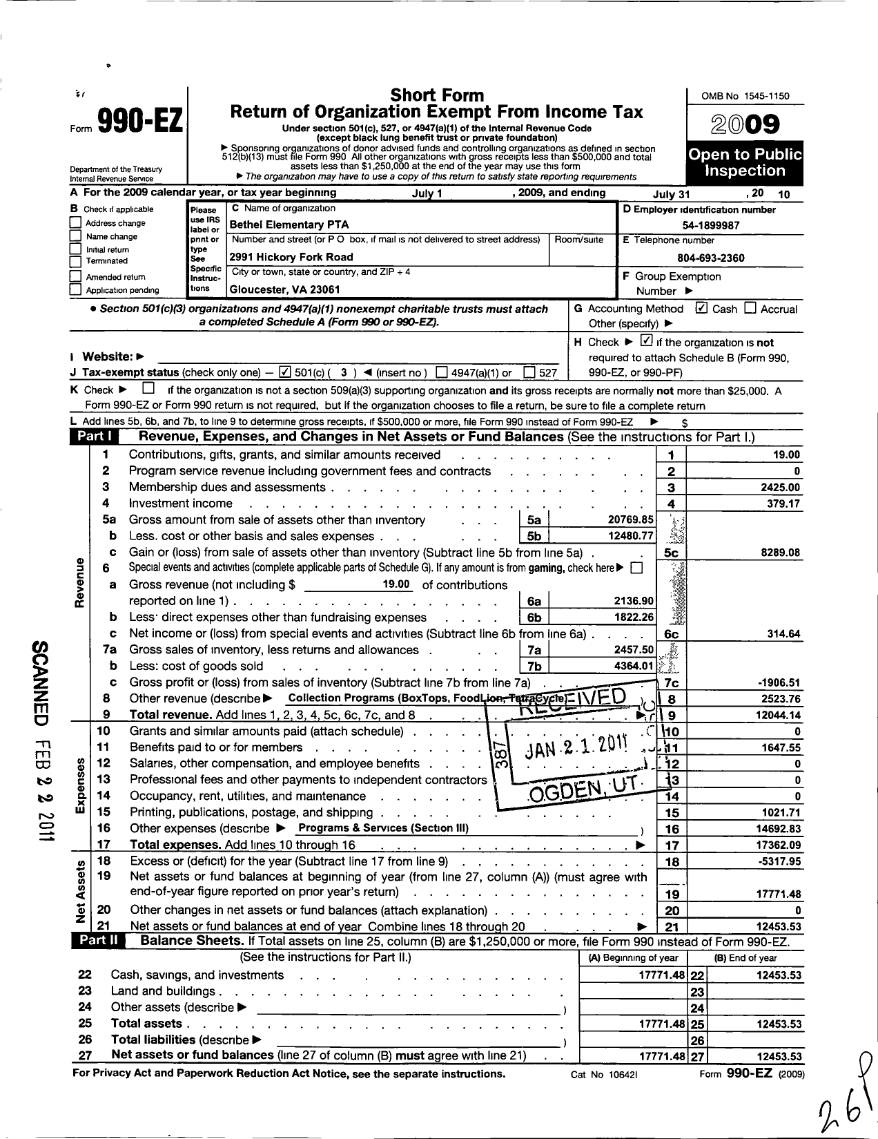 Image of first page of 2009 Form 990EZ for Virginia PTA - Bethel Elementary PTA