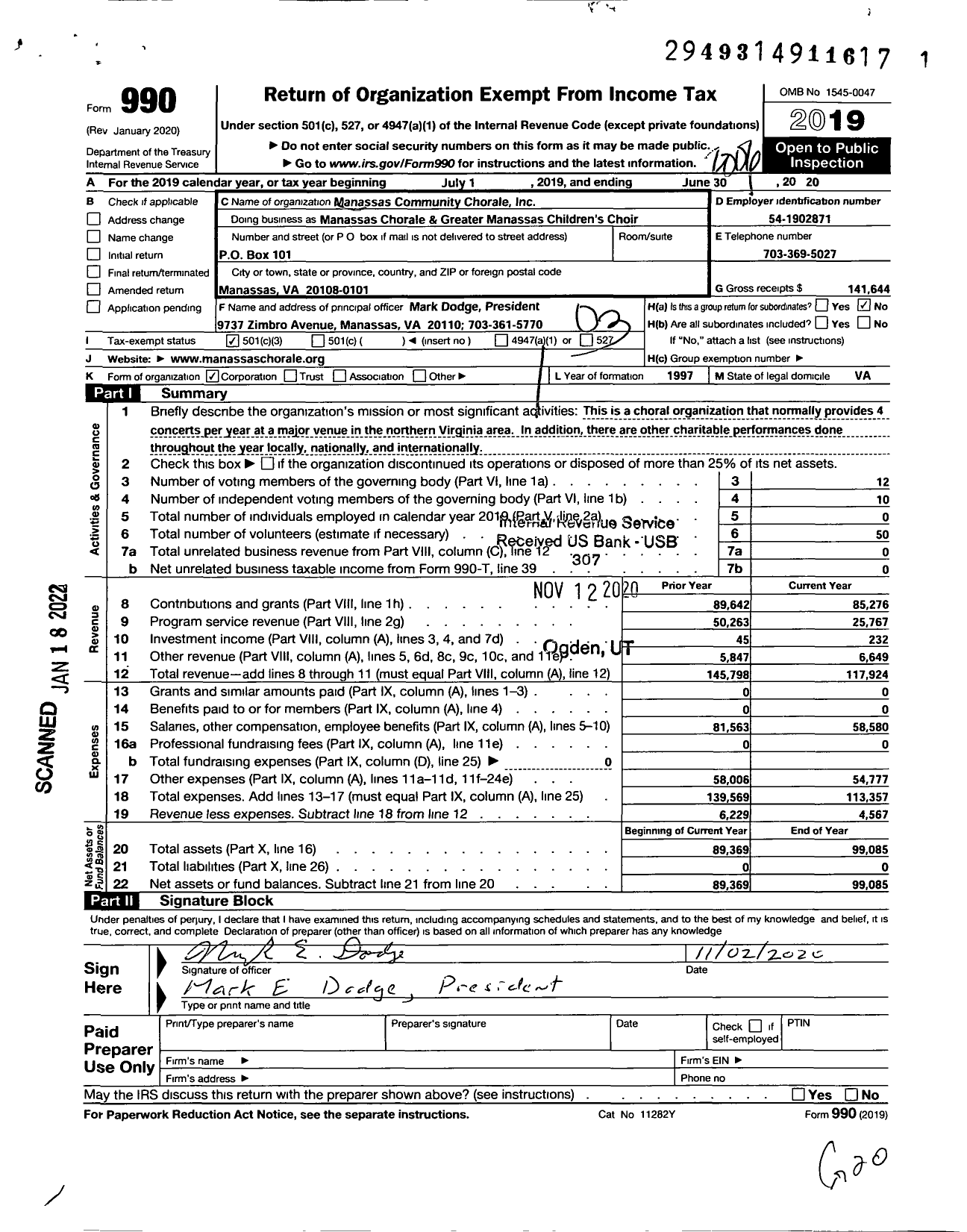 Image of first page of 2019 Form 990 for Manassas Chorale & Greater Manassas Children's Choir