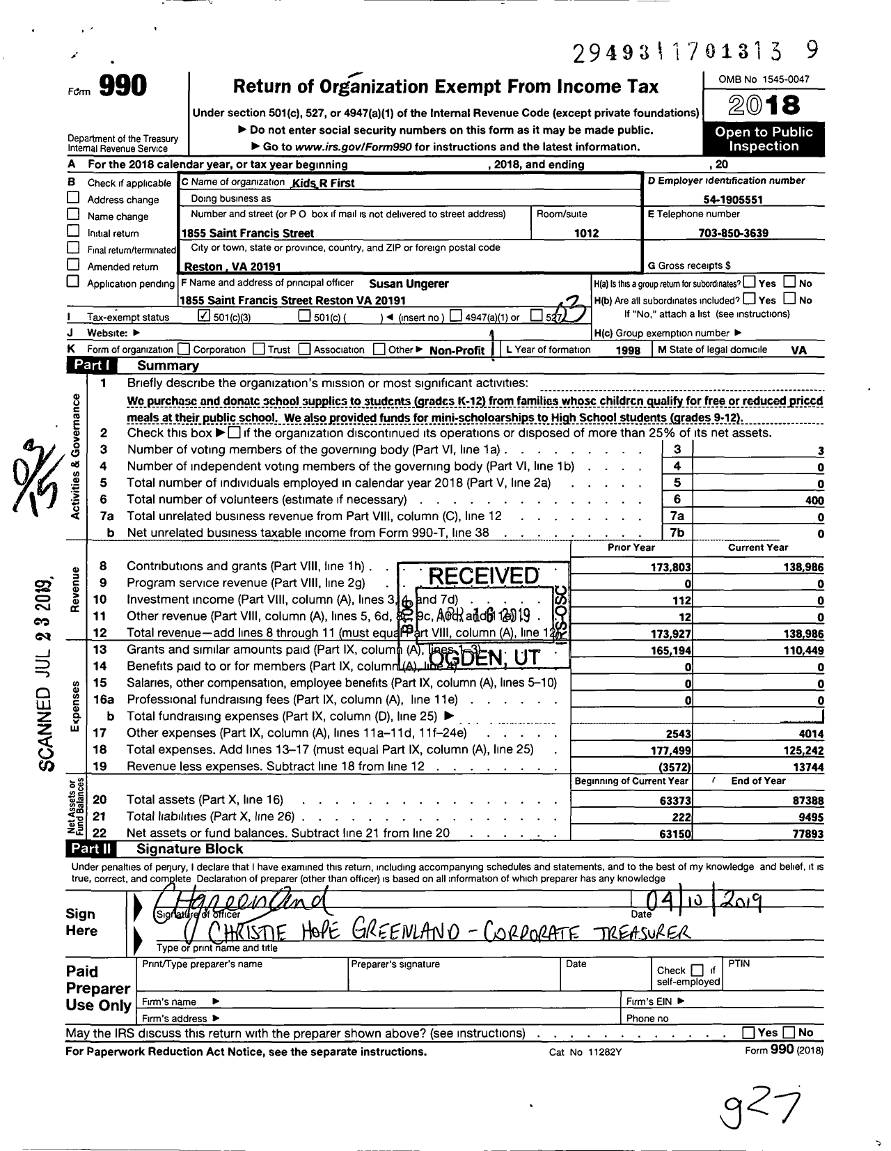 Image of first page of 2018 Form 990 for Kids R First