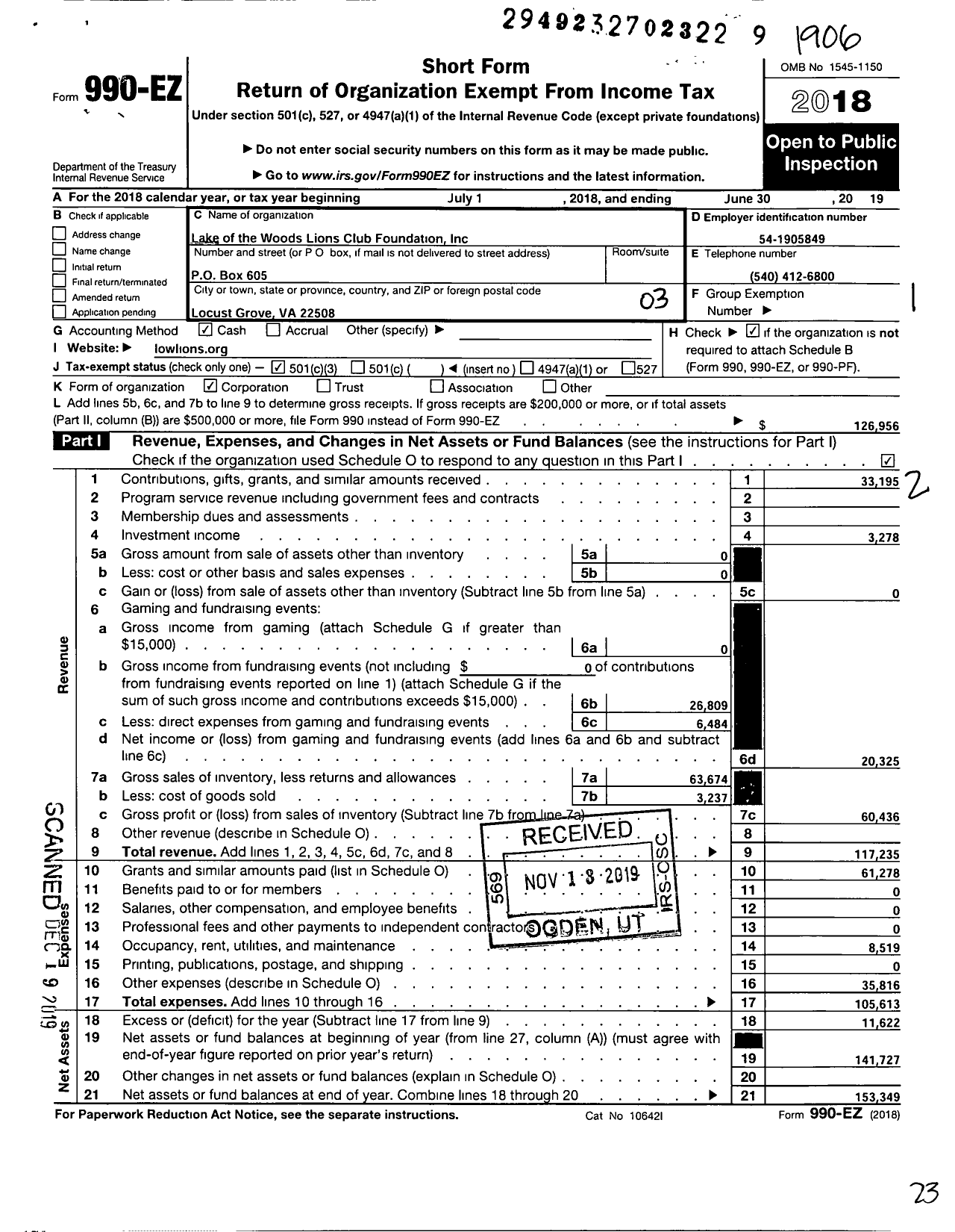 Image of first page of 2018 Form 990EZ for Lake of the Woods Lions Club Foundation