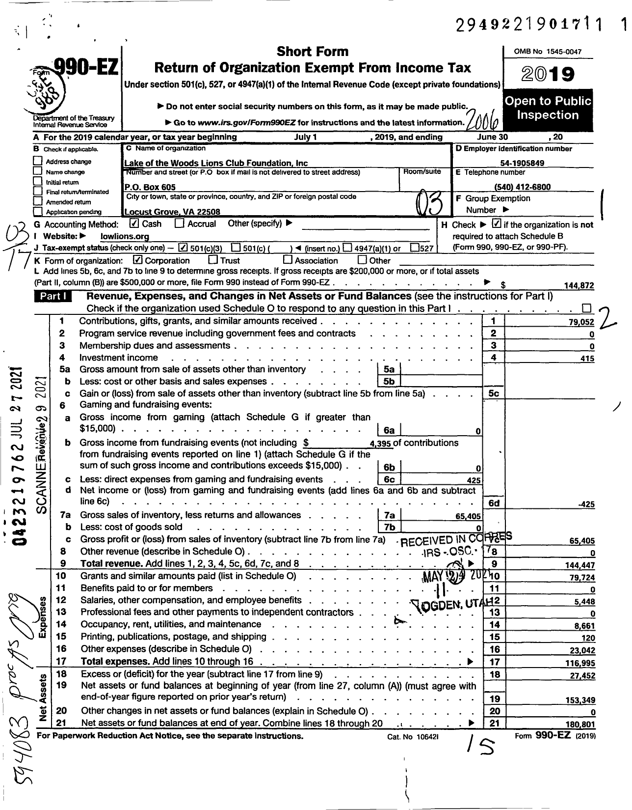 Image of first page of 2019 Form 990EZ for Lake of the Woods Lions Club Foundation