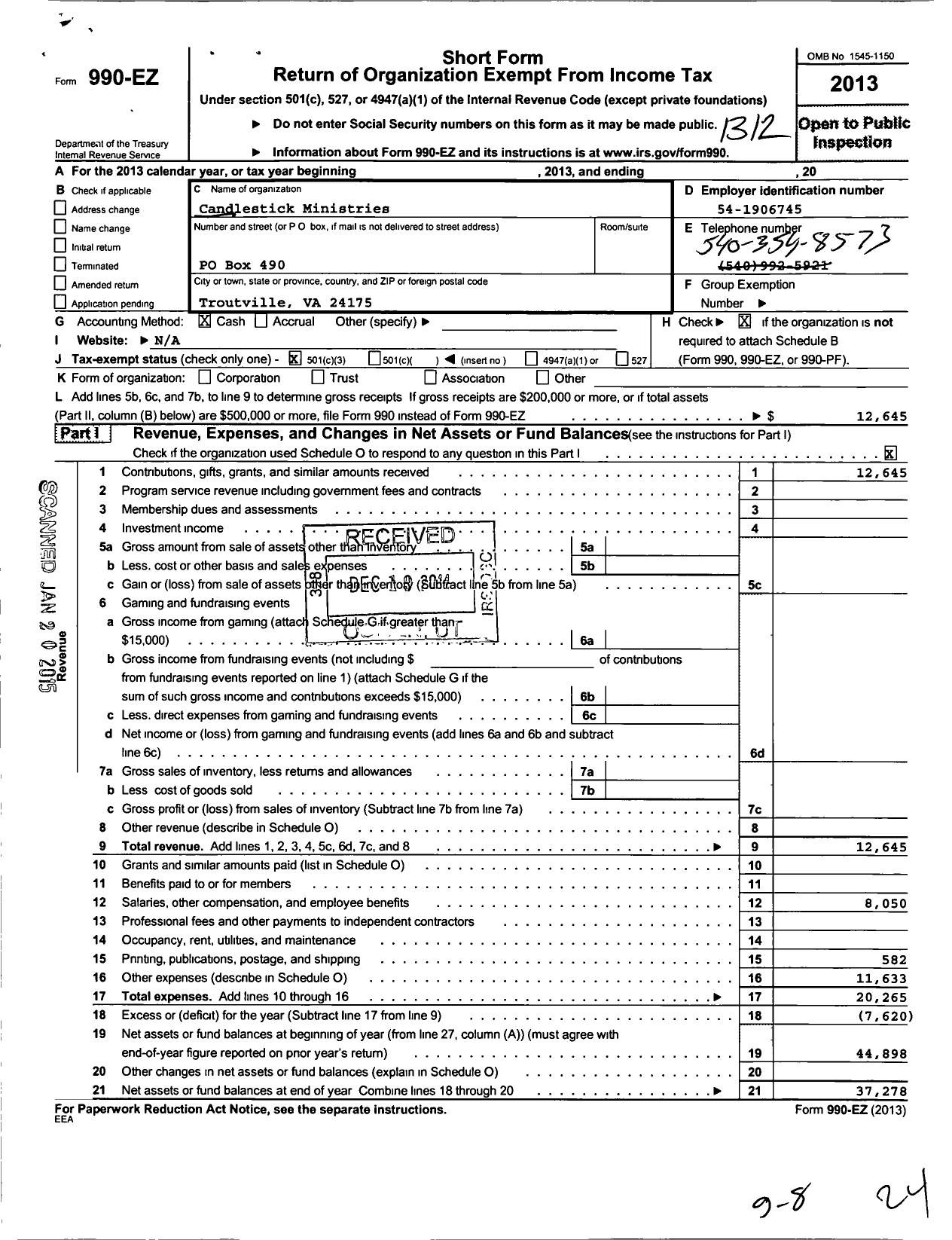 Image of first page of 2013 Form 990EZ for Candlestick Revival Ministries