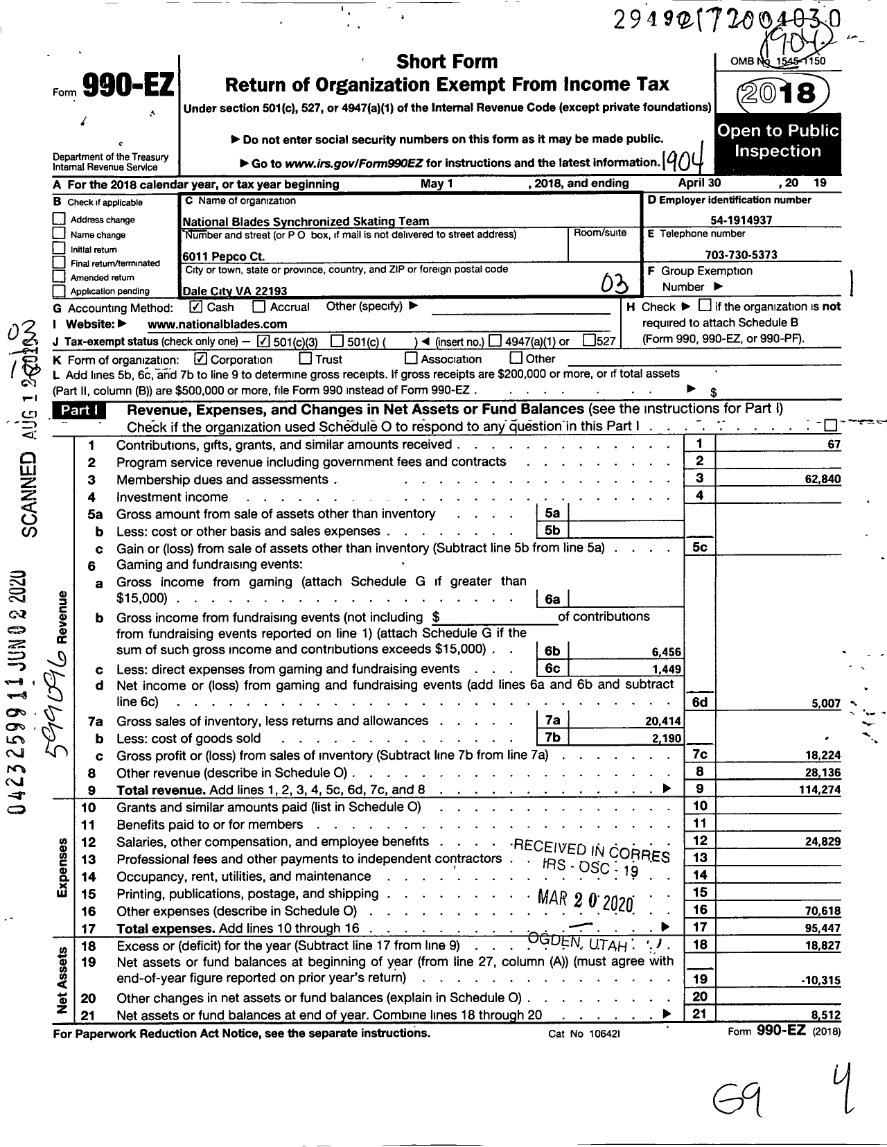 Image of first page of 2018 Form 990EZ for National Blades Synchronized Skating