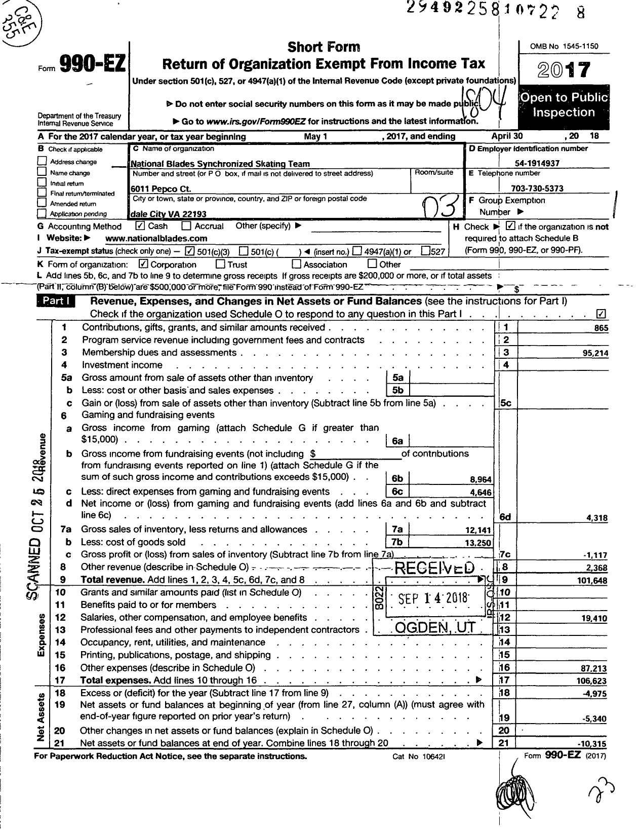 Image of first page of 2017 Form 990EZ for National Blades Synchronized Skating