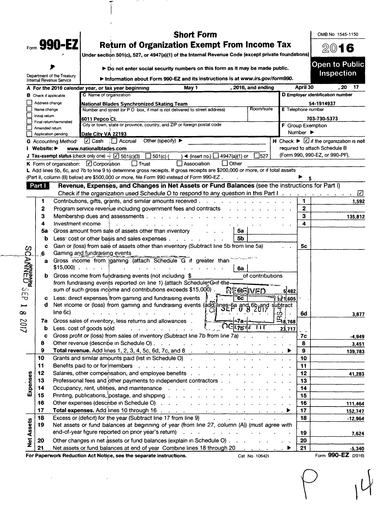 Image of first page of 2016 Form 990EZ for National Blades Synchronized Skating