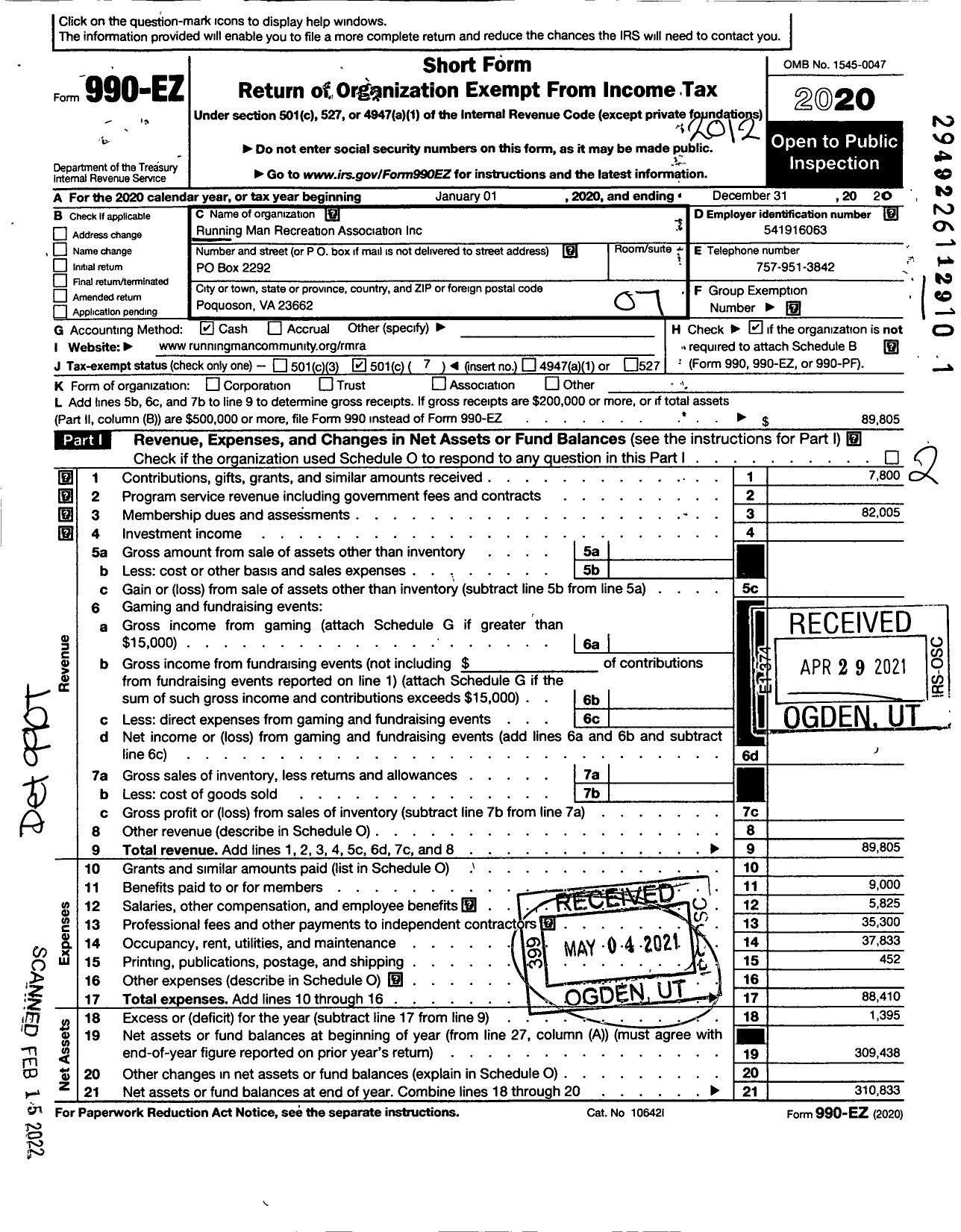 Image of first page of 2020 Form 990EO for Running Man Recreation Assn