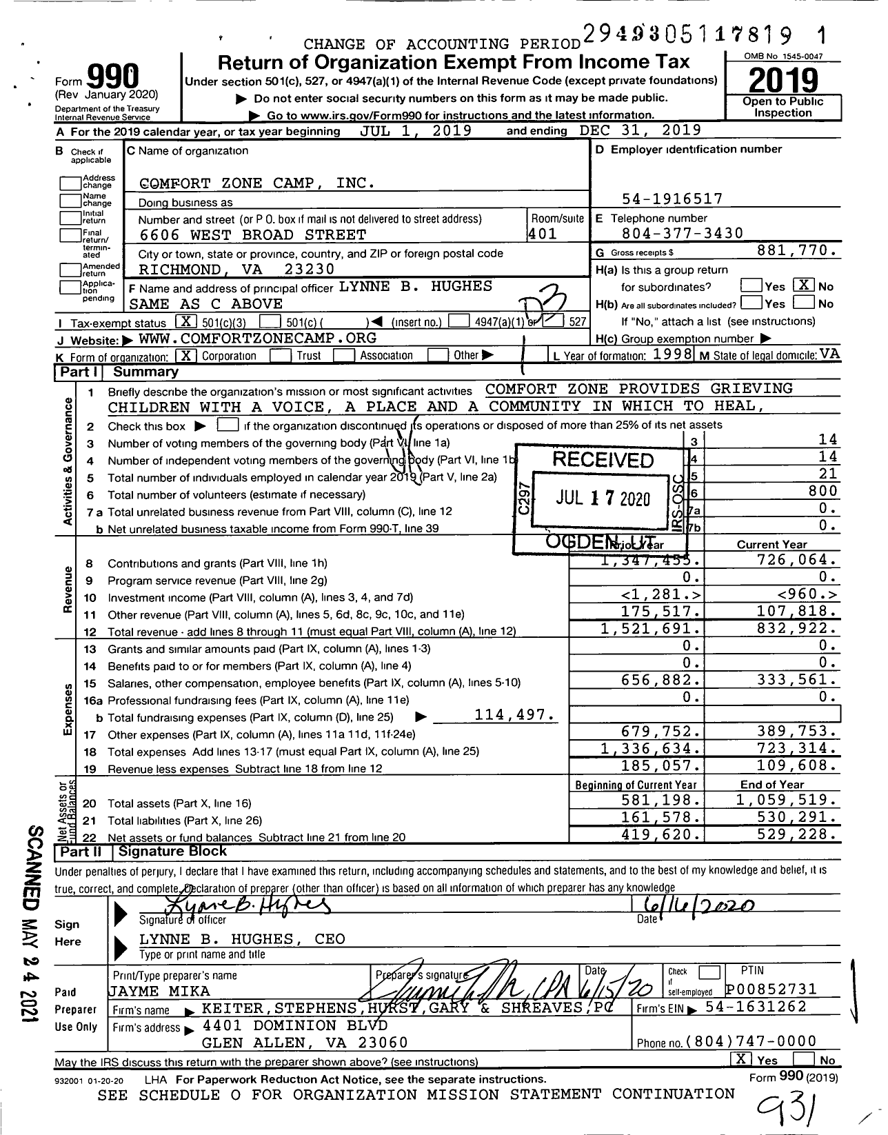 Image of first page of 2019 Form 990 for Comfort Zone Camp