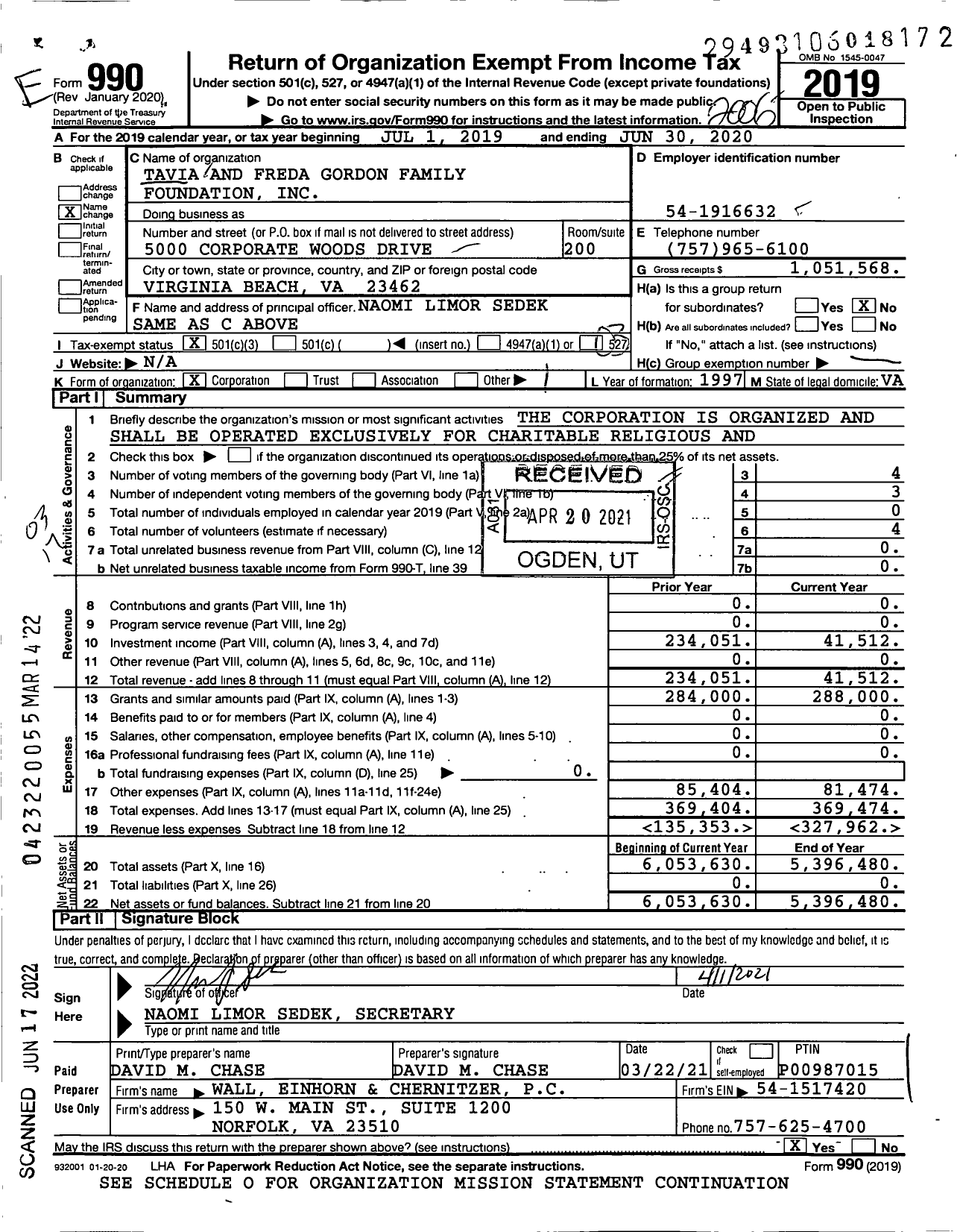 Image of first page of 2019 Form 990 for Tavia and Freda Gordon Family Foundation