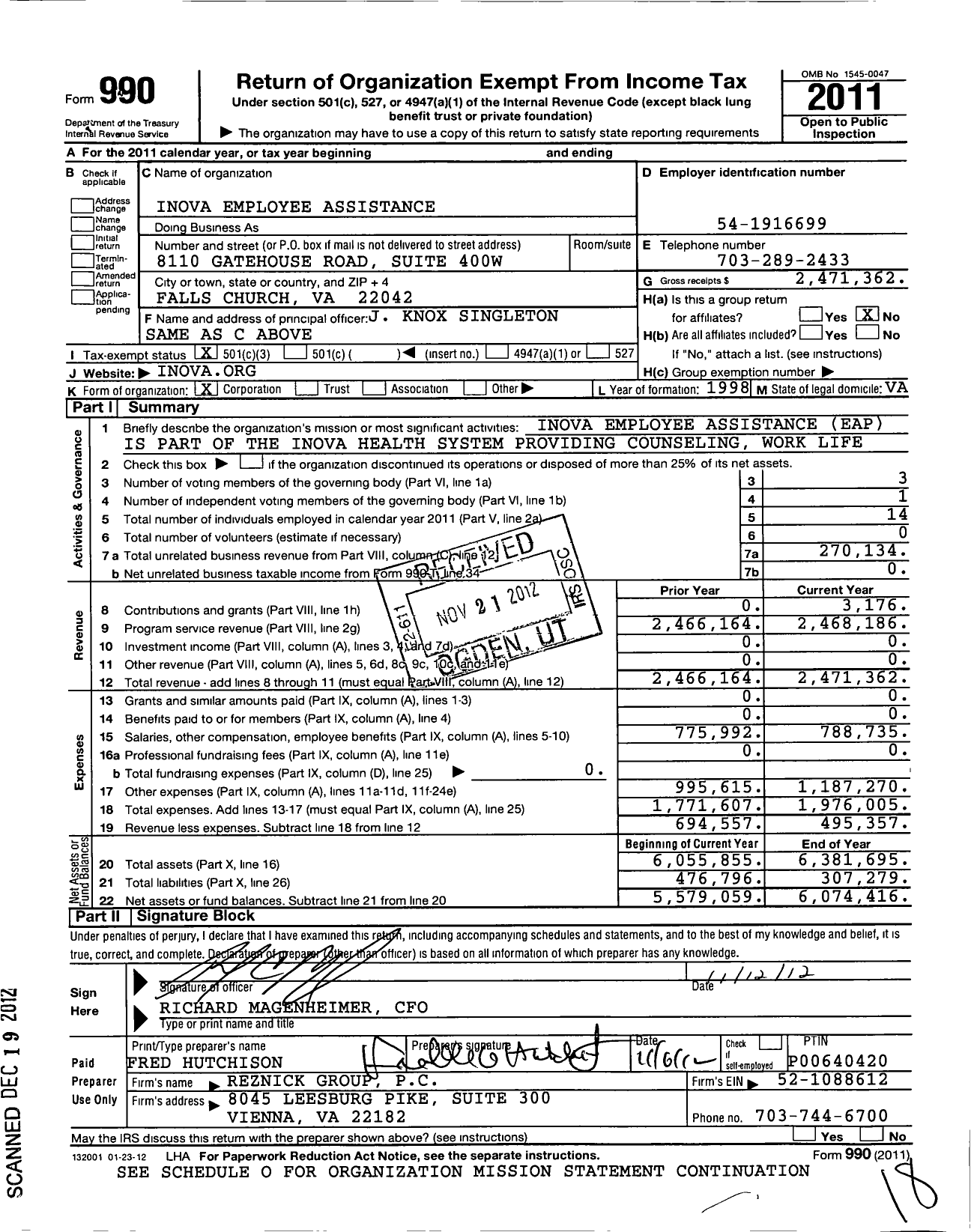 Image of first page of 2011 Form 990 for Inova Employee Assistance (IEA)