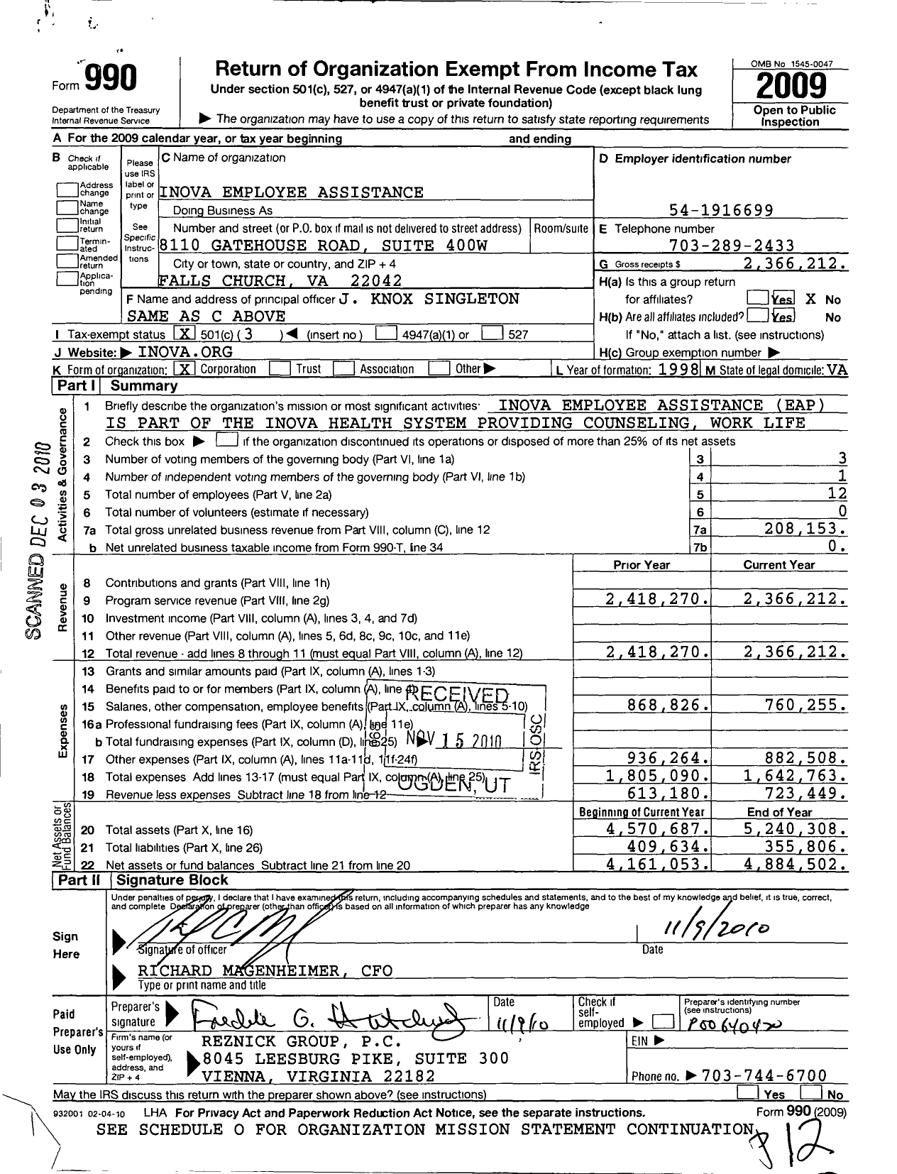 Image of first page of 2009 Form 990 for Inova Employee Assistance (IEA)