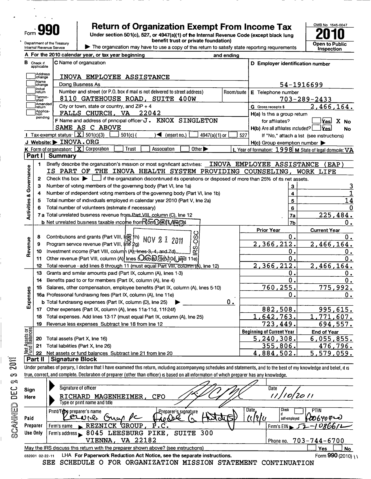 Image of first page of 2010 Form 990 for Inova Employee Assistance (IEA)