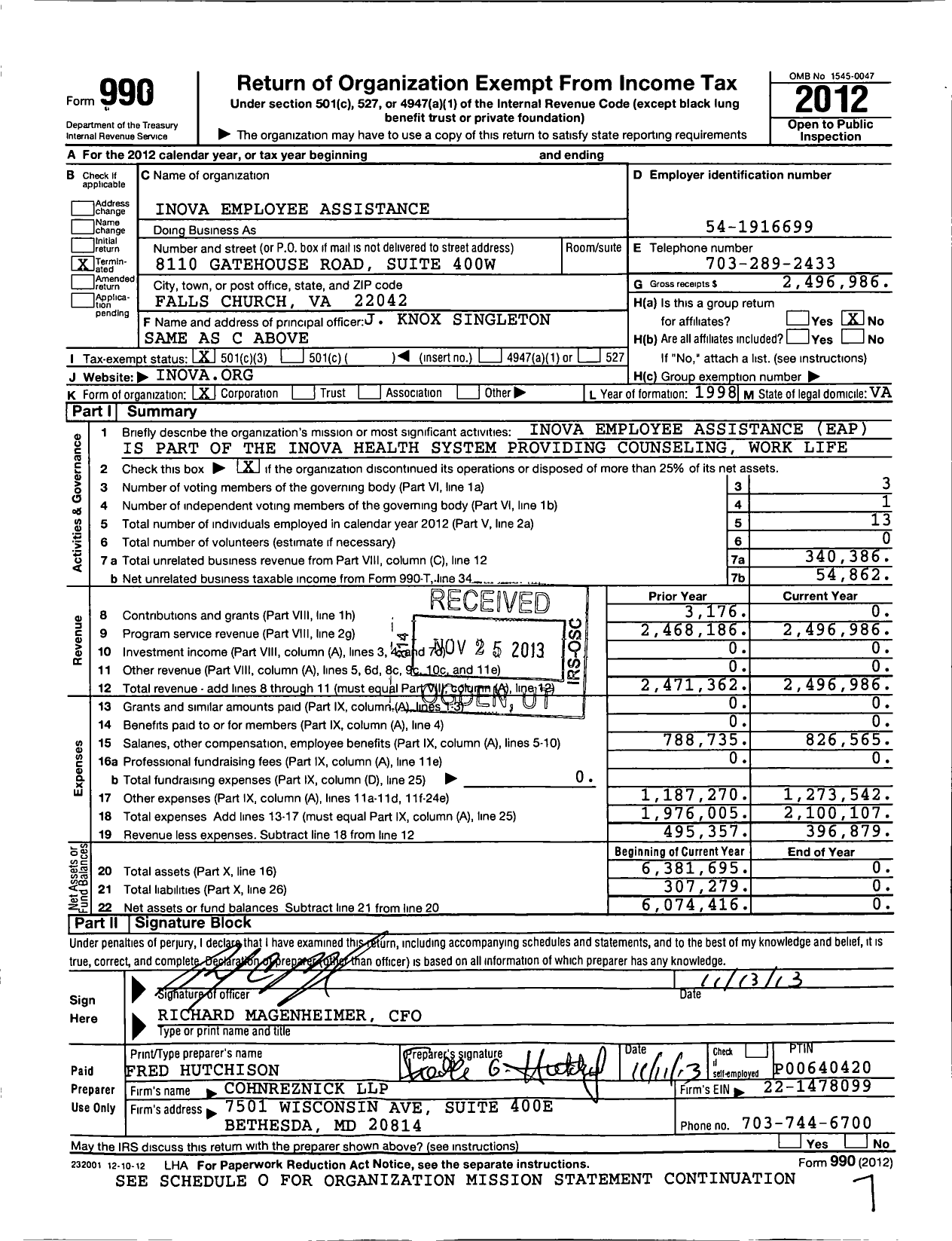 Image of first page of 2012 Form 990 for Inova Employee Assistance (IEA)
