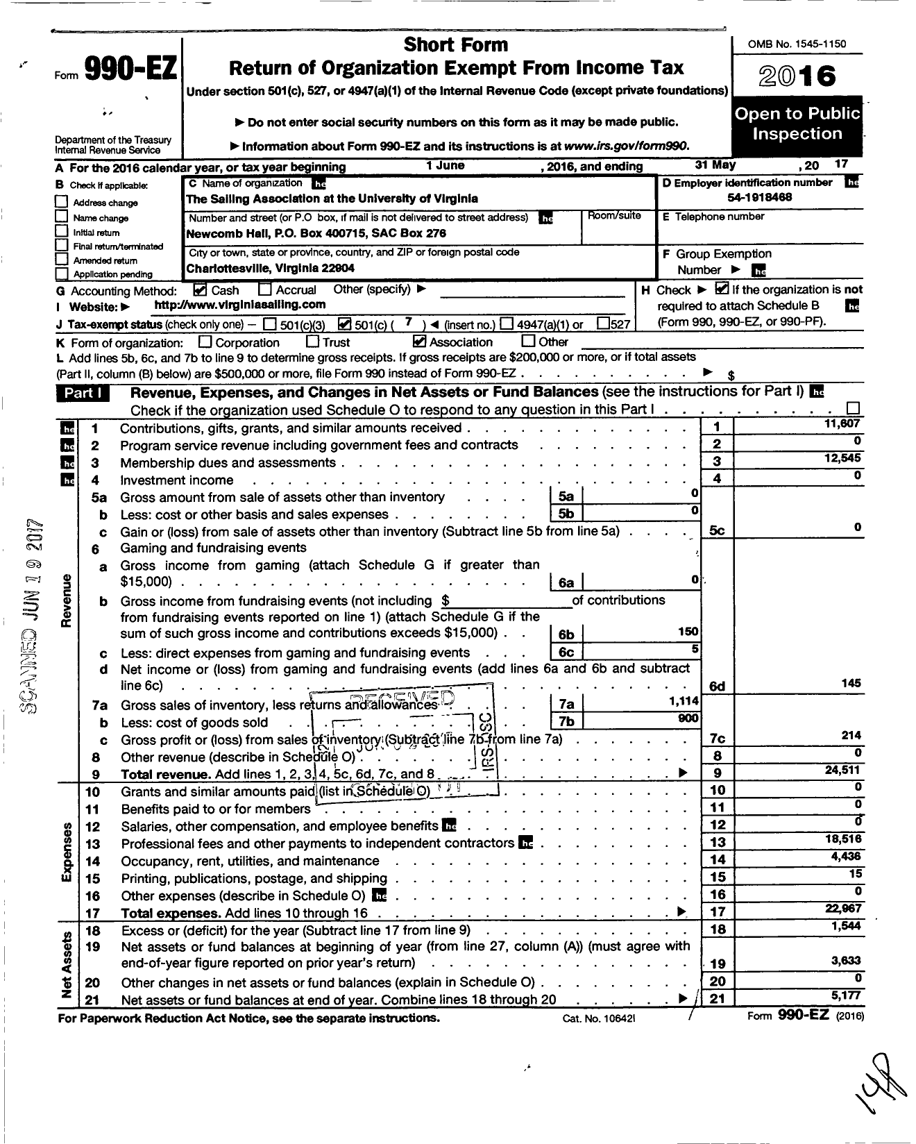 Image of first page of 2016 Form 990EO for Sailing Association at the University of Virginia