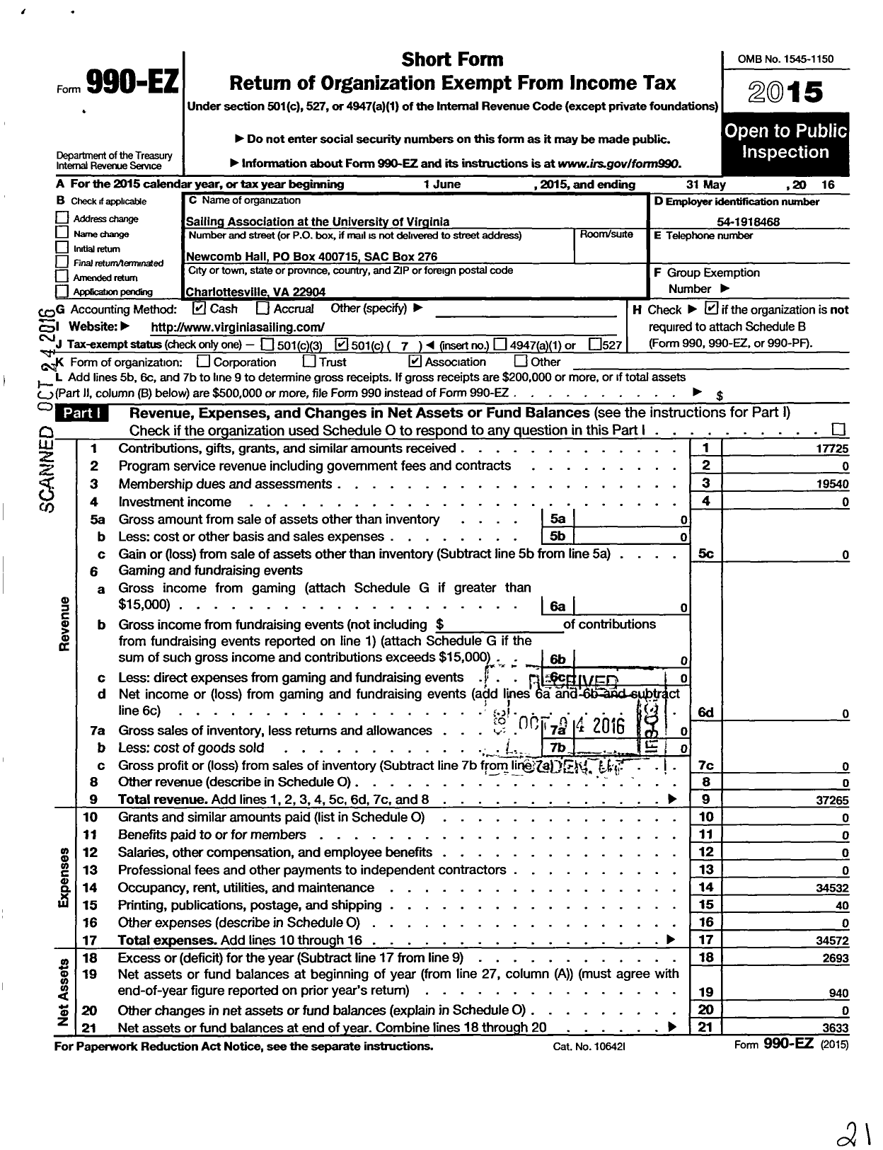 Image of first page of 2015 Form 990EO for Sailing Association at the University of Virginia