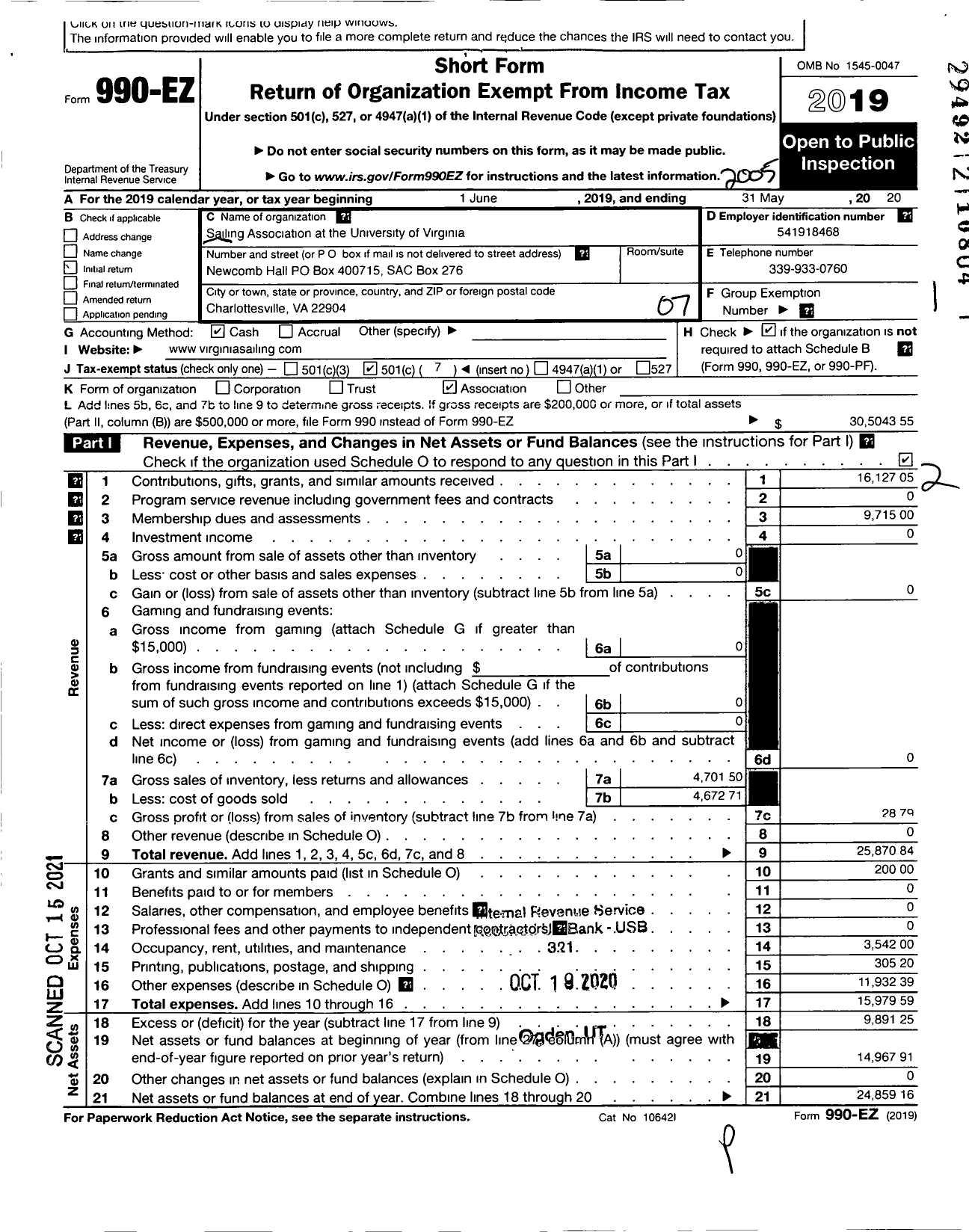 Image of first page of 2019 Form 990EO for Sailing Association at the University of Virginia