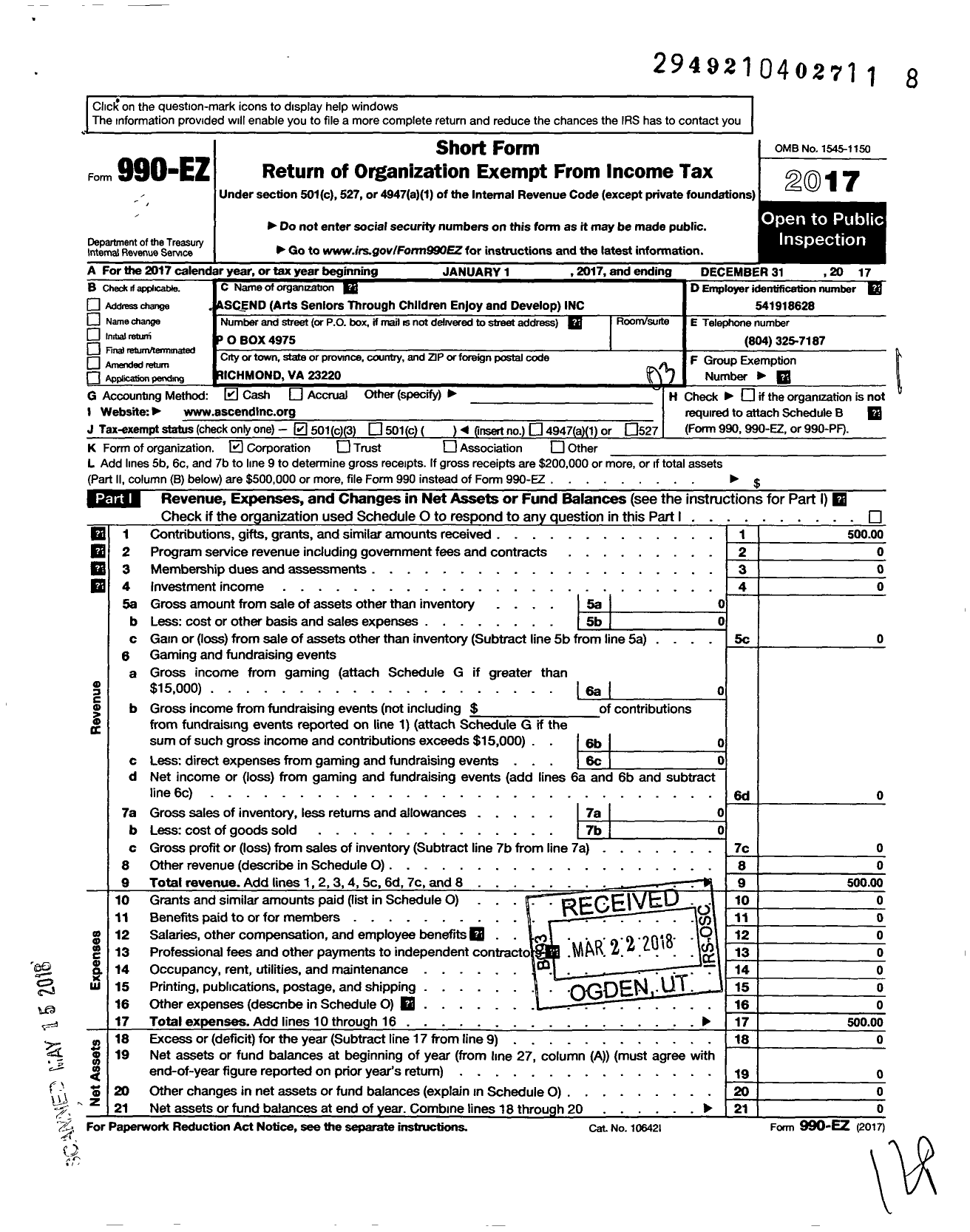 Image of first page of 2017 Form 990EZ for Ascend