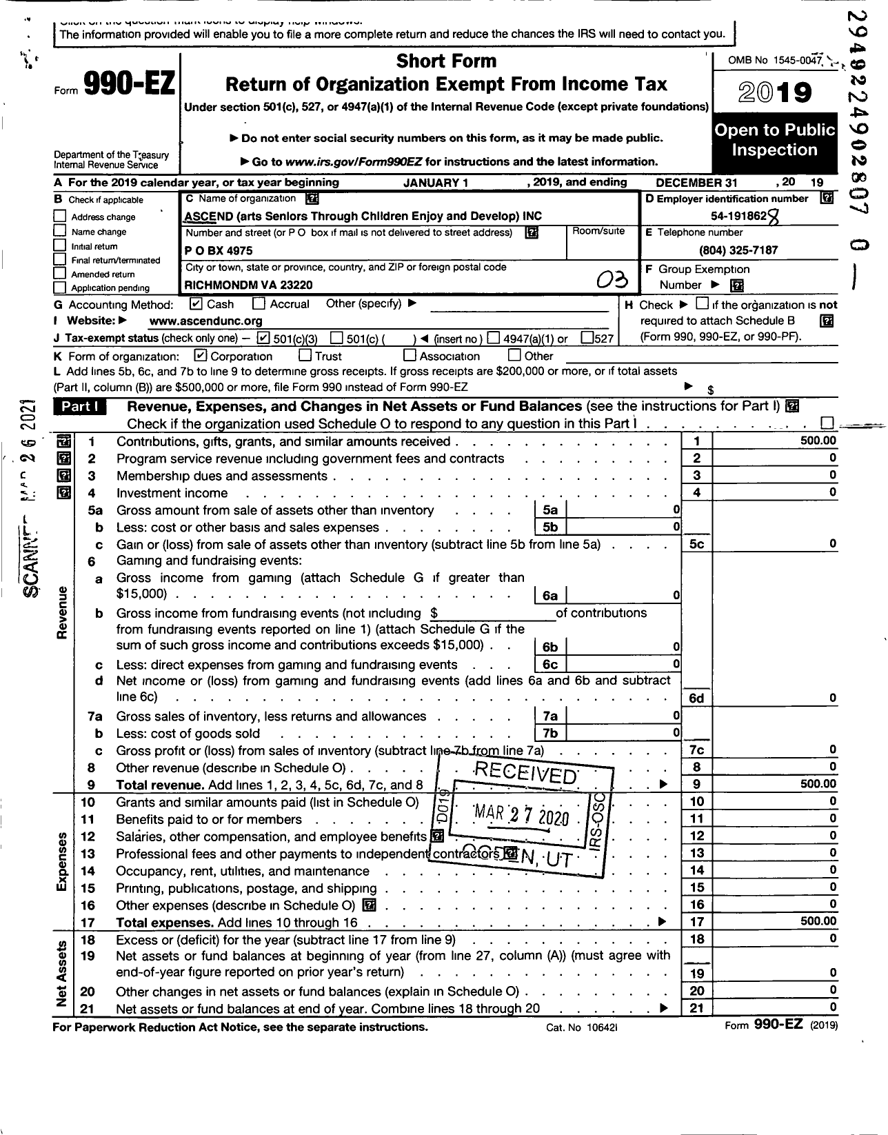 Image of first page of 2019 Form 990EZ for Ascend