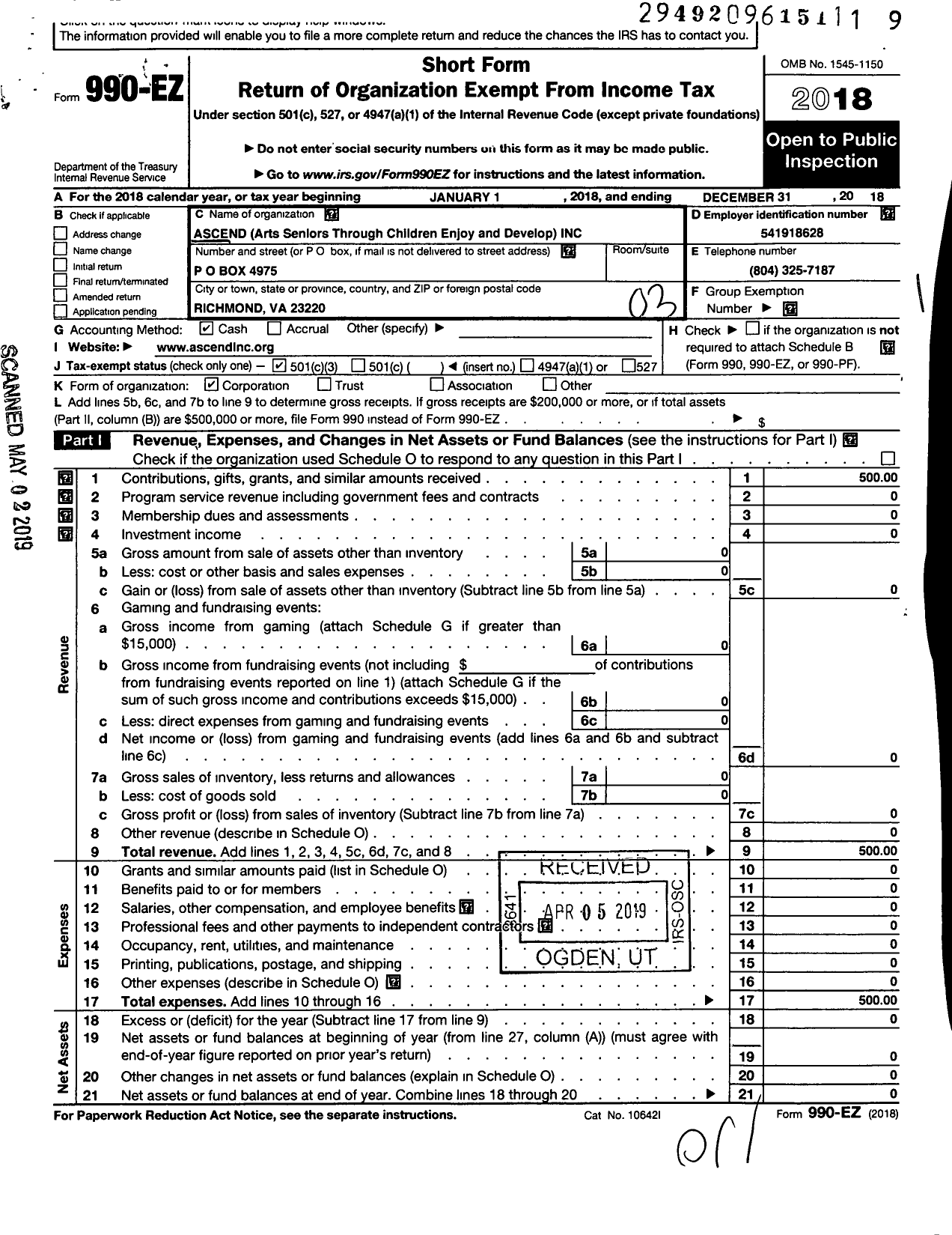 Image of first page of 2018 Form 990EZ for Ascend