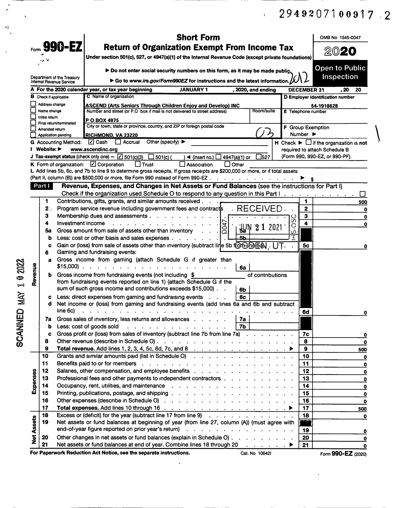 Image of first page of 2020 Form 990EZ for Ascend